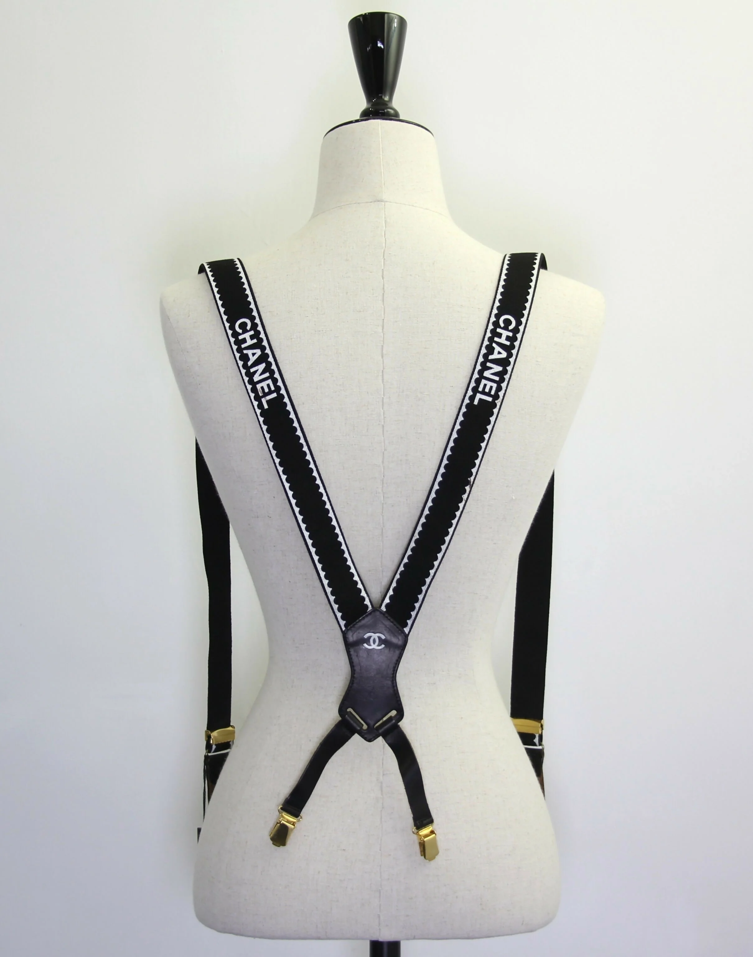 Chanel Vintage 94P Leather & Canvas Coco Mark Suspenders in Black with Gold Hardware - Image 2