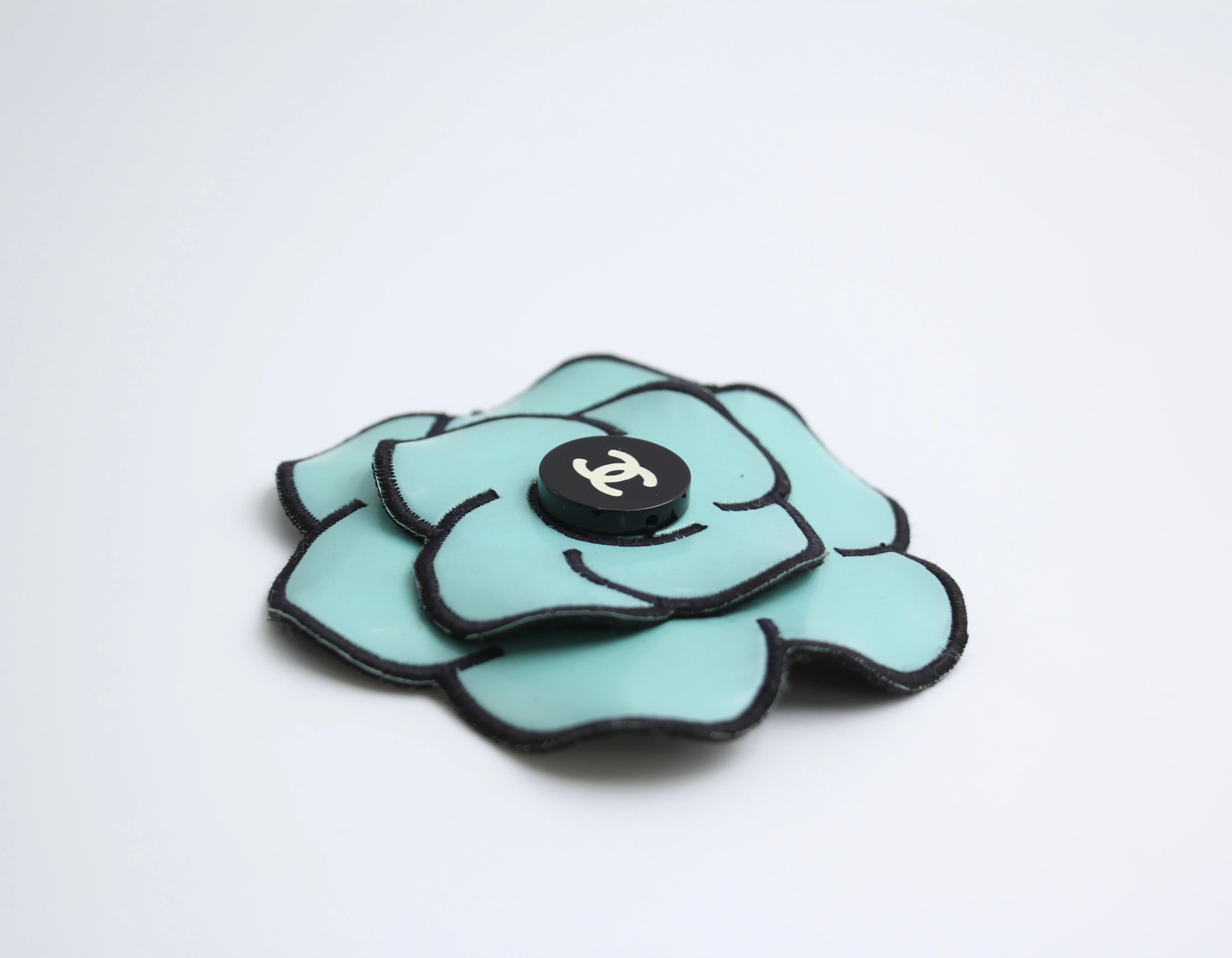 Chanel Vintage 95 Light Blue Embroidered Camellia Brooch