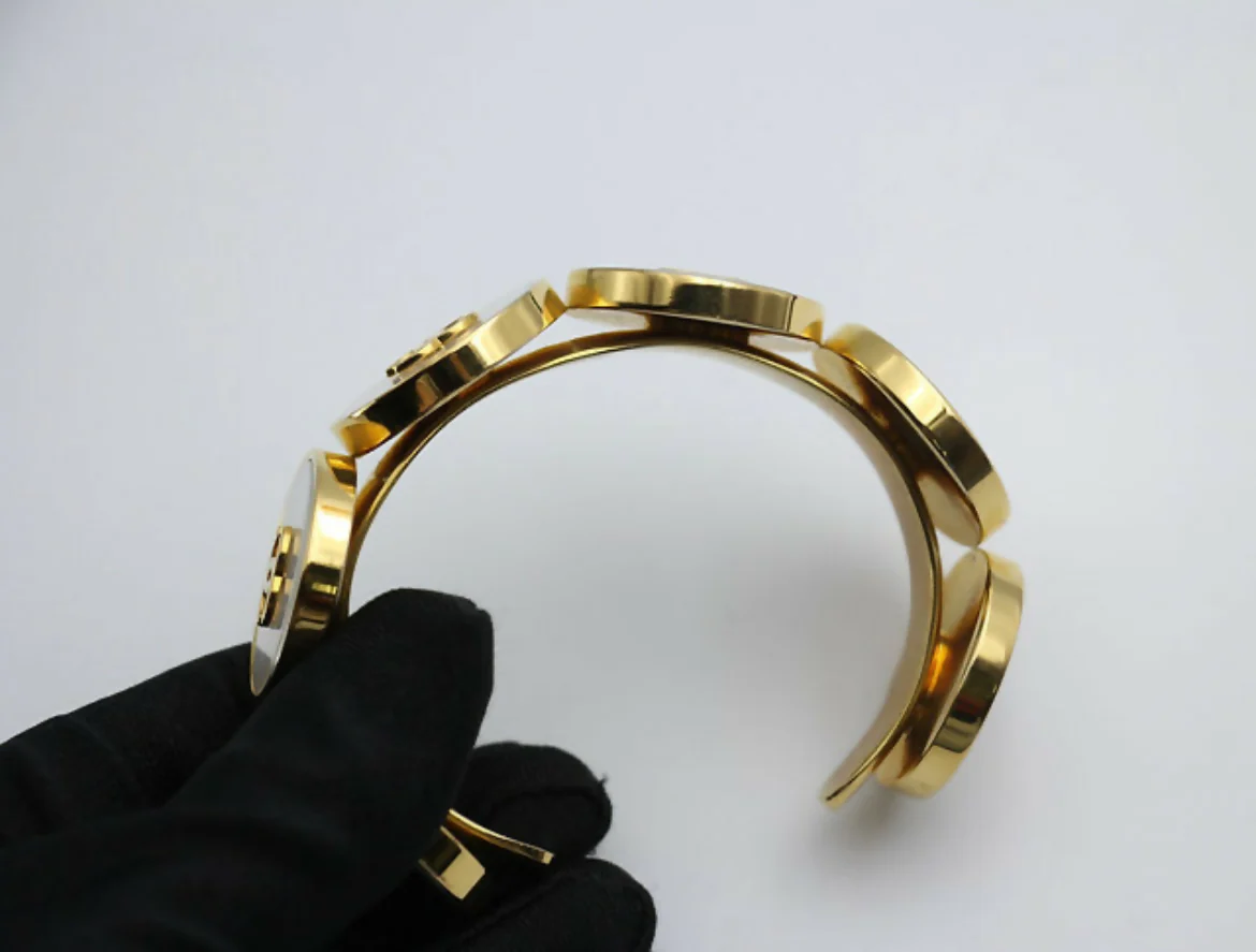 Chanel Vintage 95A Mother-of-Pearl Circle Shape Gold Plated Bracelet Cuff - Image 5