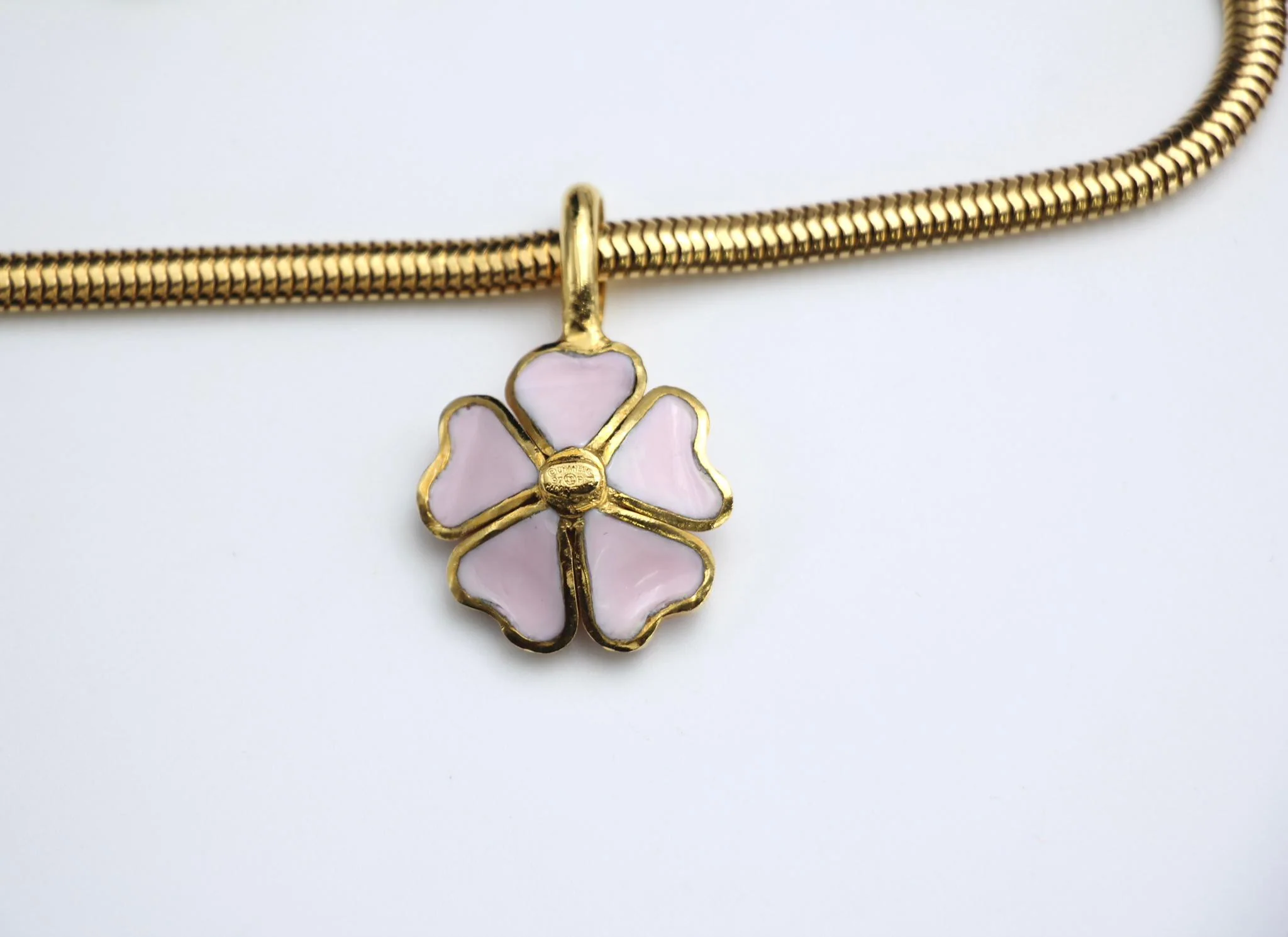 Chanel Vintage 97P Glazed Pink Camellia Pendant Necklace - Image 6