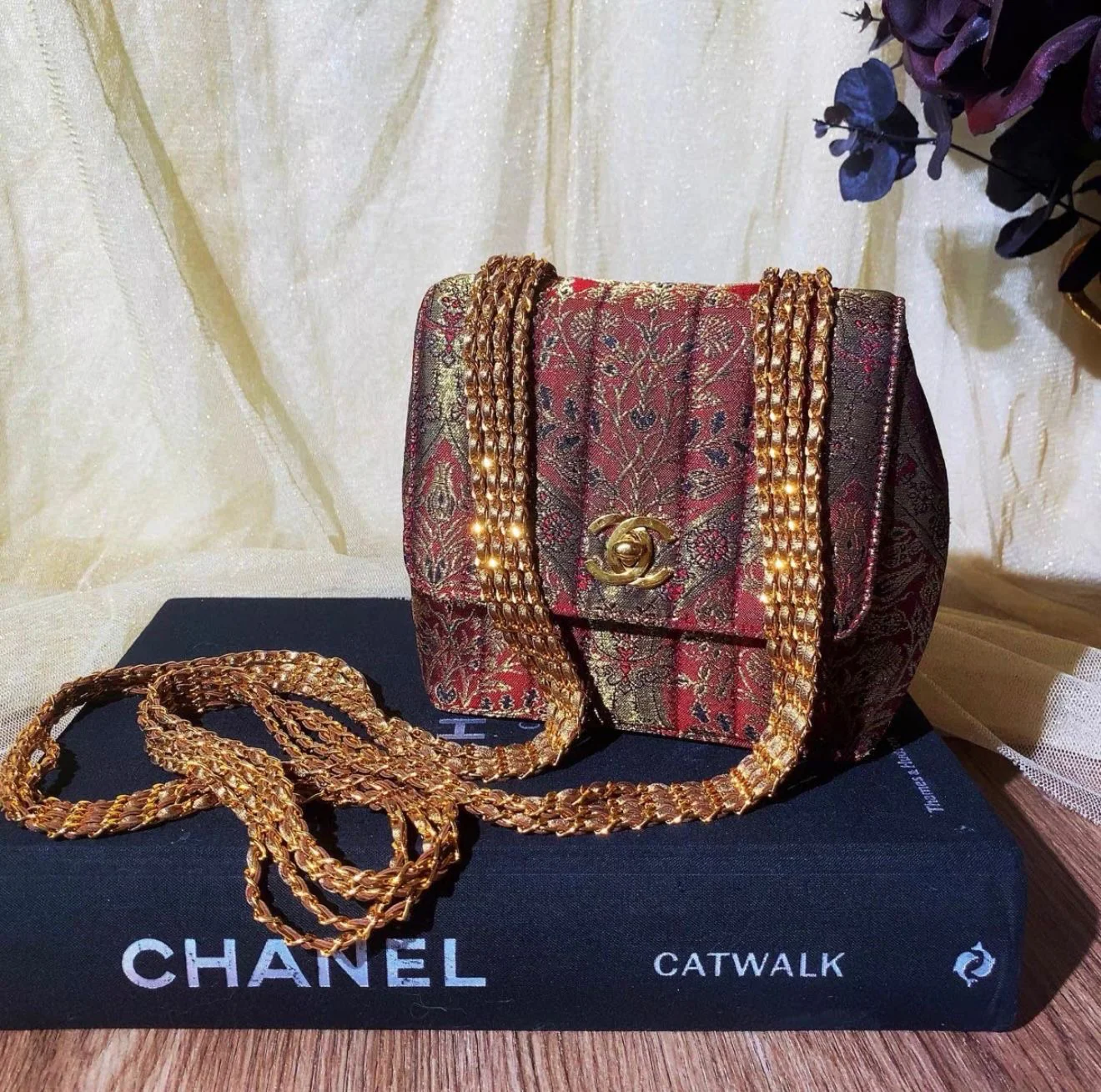 Chanel Vintage Red Satin Brocade mini flap in Gold Hardware