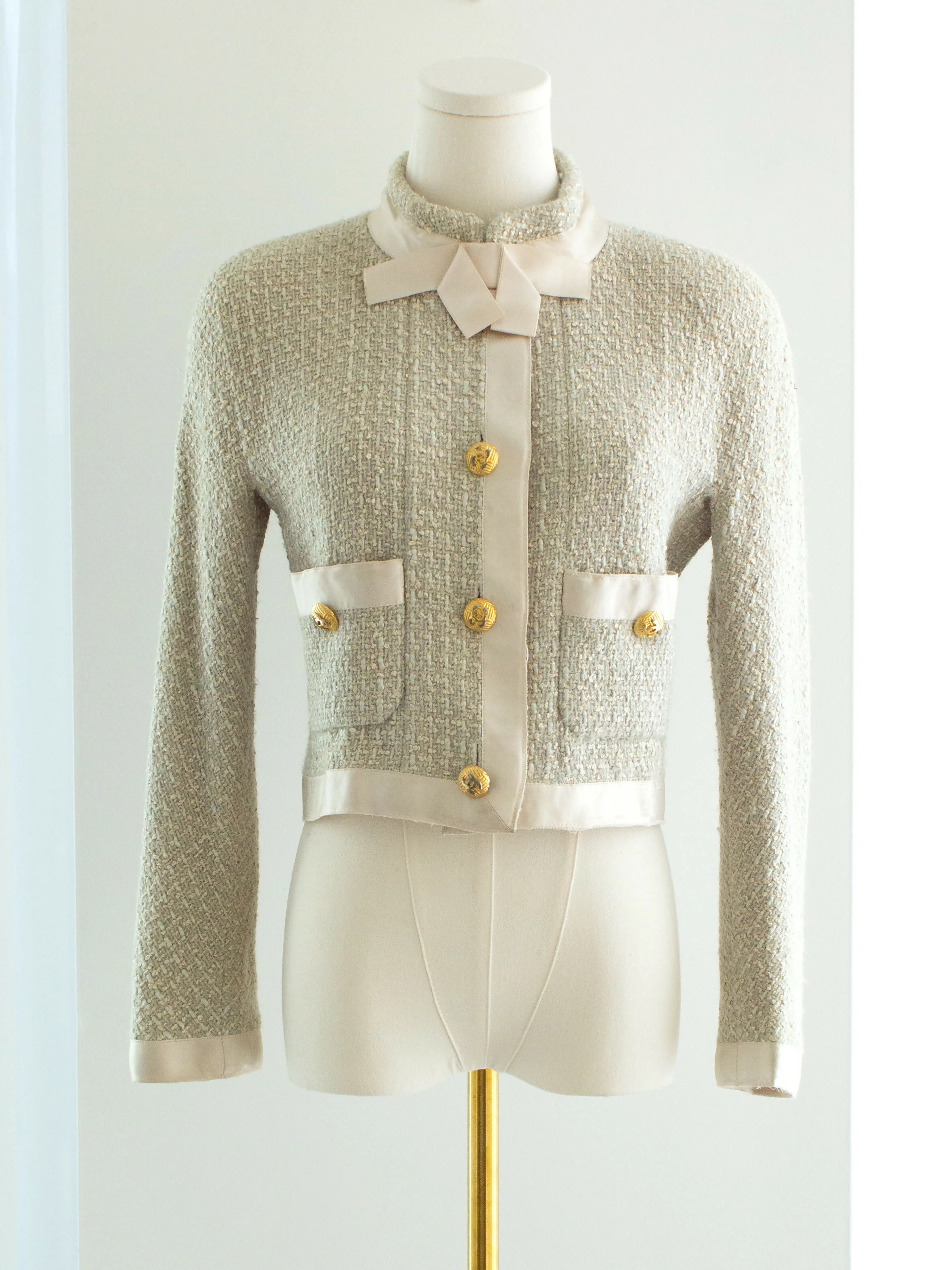Chanel Vintage S/S1990 Seafood Green Cream Satin Bow Tweed Cropped Jacket
