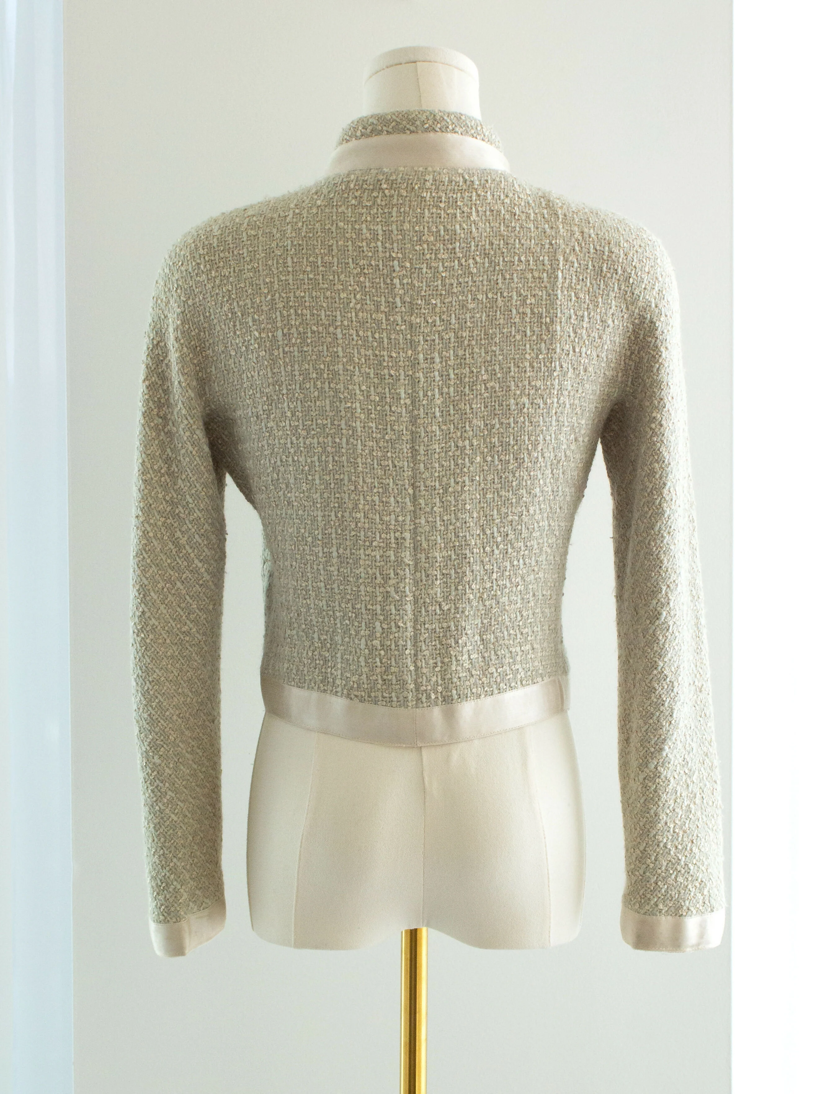 Chanel Vintage S/S1990 Seafood Green Cream Satin Bow Tweed Cropped Jacket - Image 2