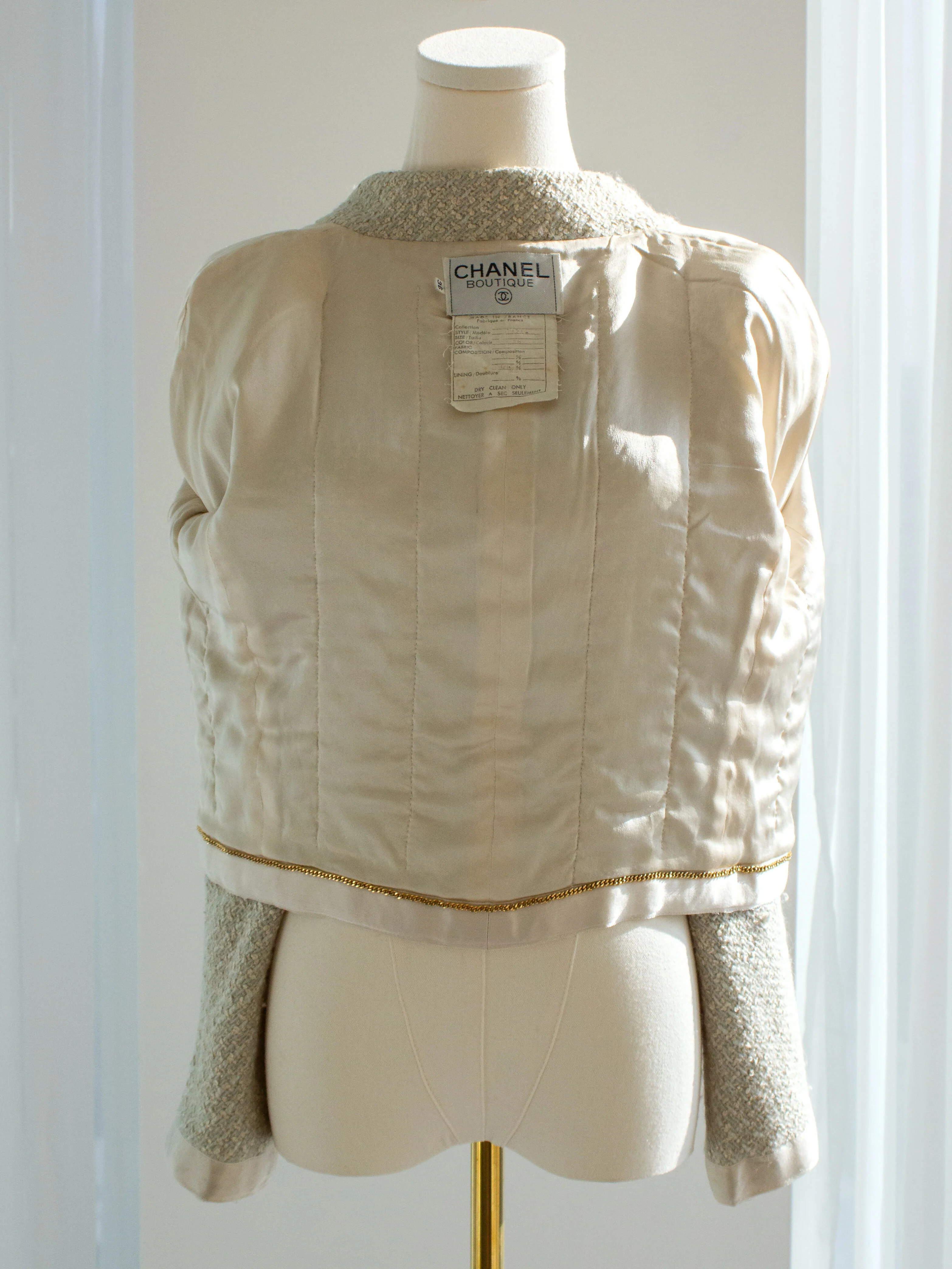 Chanel Vintage S/S1990 Seafood Green Cream Satin Bow Tweed Cropped Jacket - Image 8