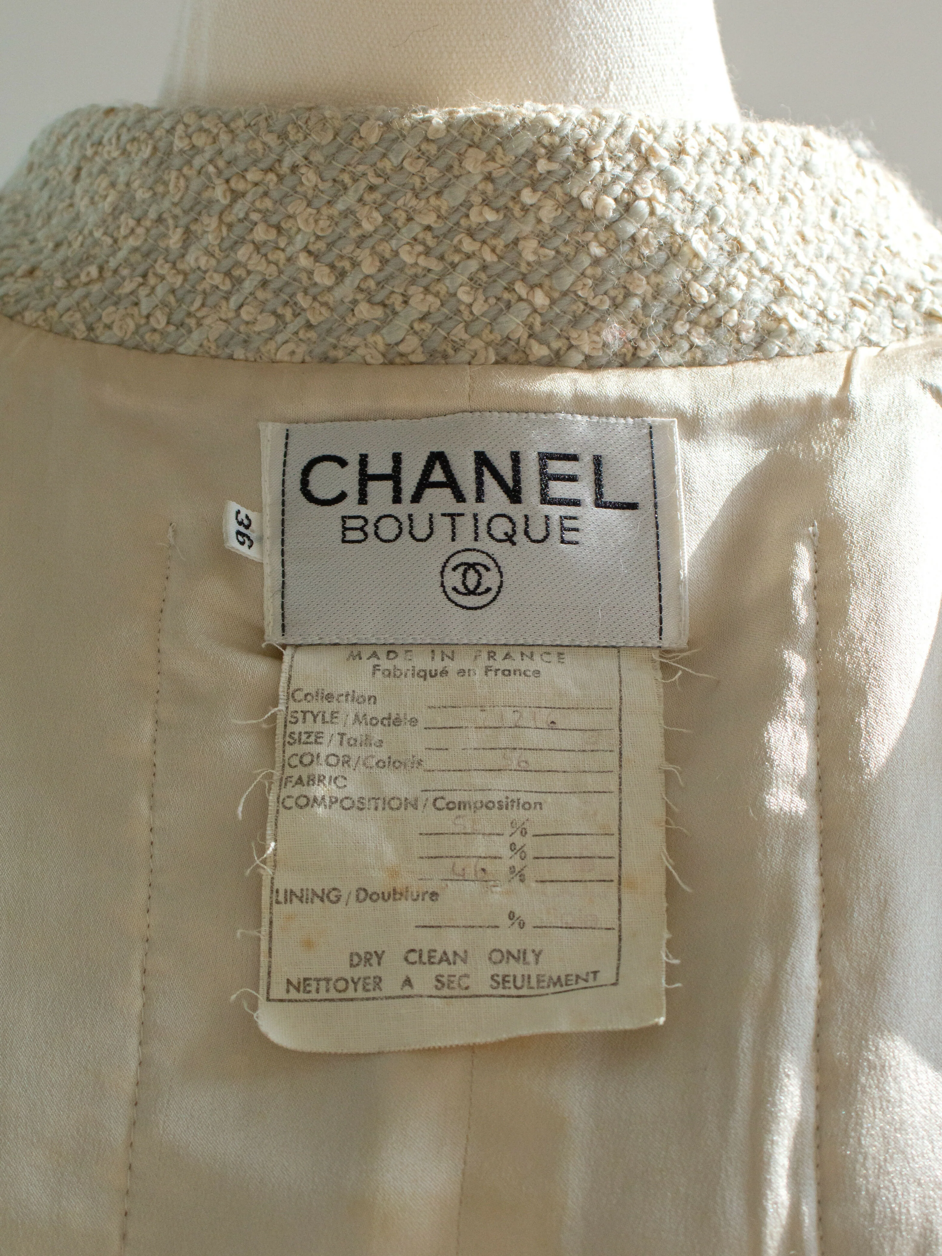 Chanel Vintage S/S1990 Seafood Green Cream Satin Bow Tweed Cropped Jacket - Image 9
