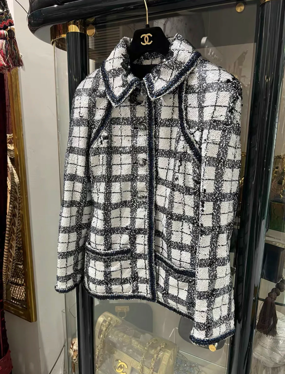 CHANEL 17k white & black SEQUIN Check Jacket size 36 - Image 2