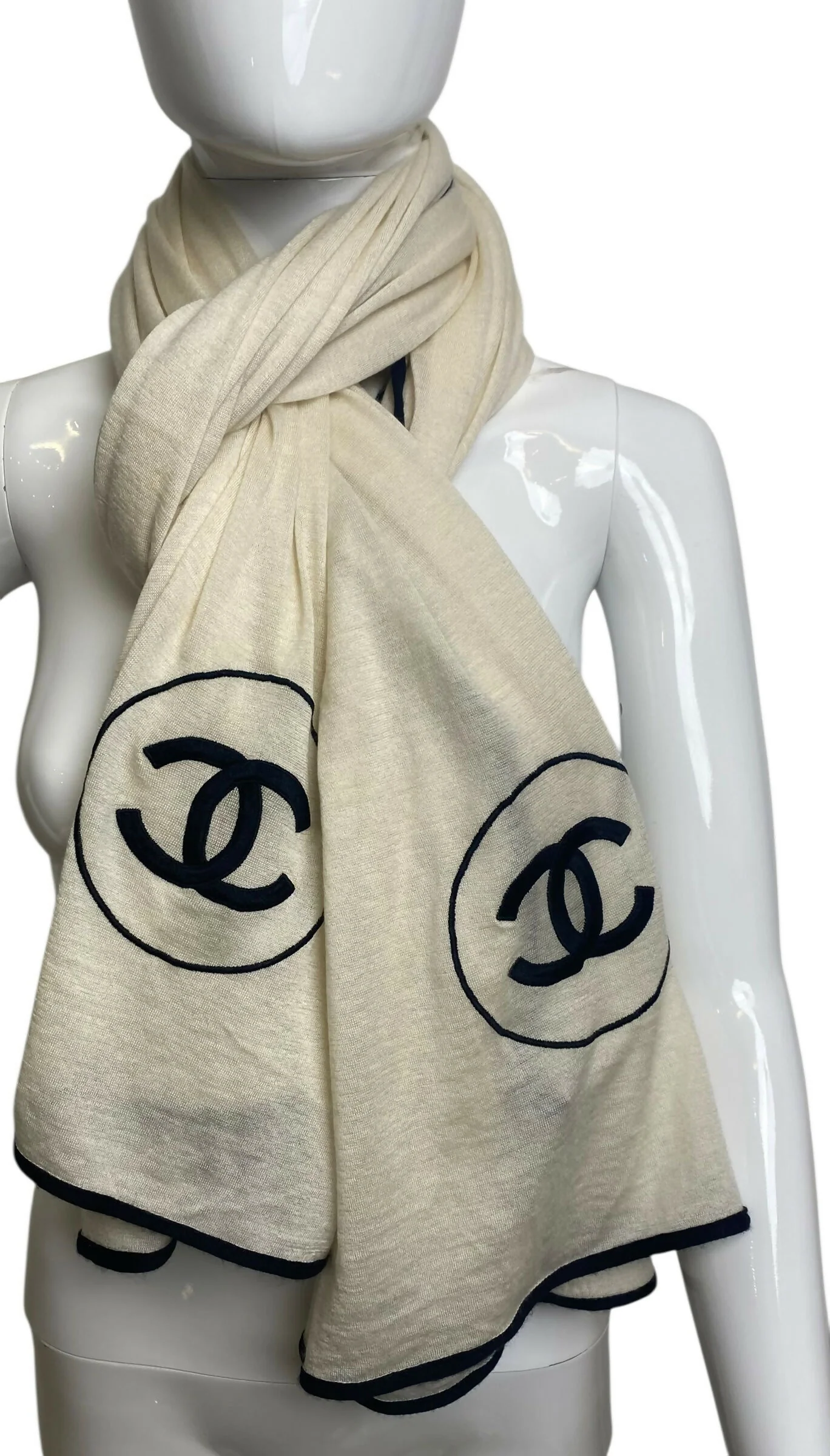 Chanel XL Ivory Black Cashmere Double CC Stole Shawl Scarf - Image 2