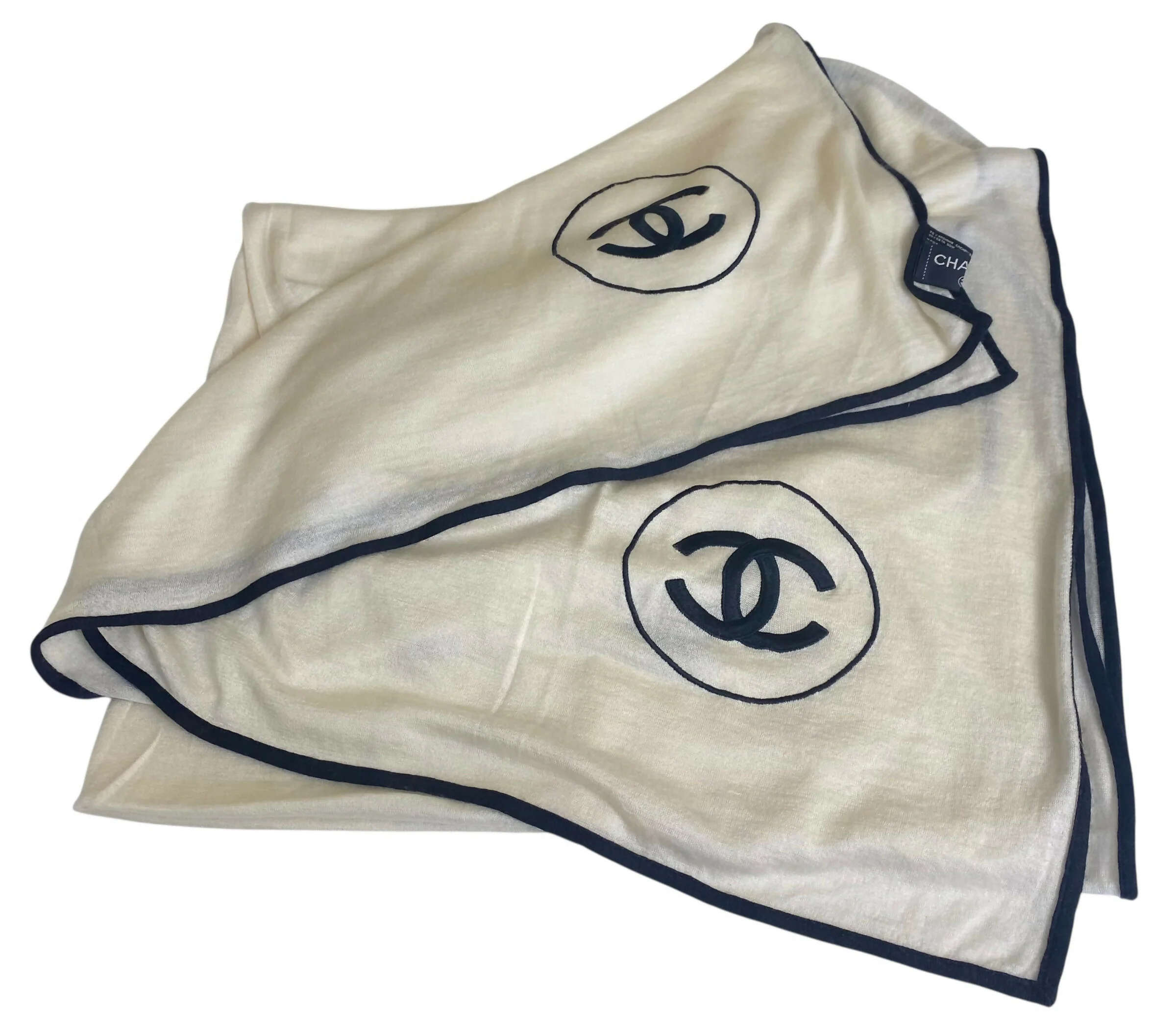 Chanel XL Ivory Black Cashmere Double CC Stole Shawl Scarf - Image 6