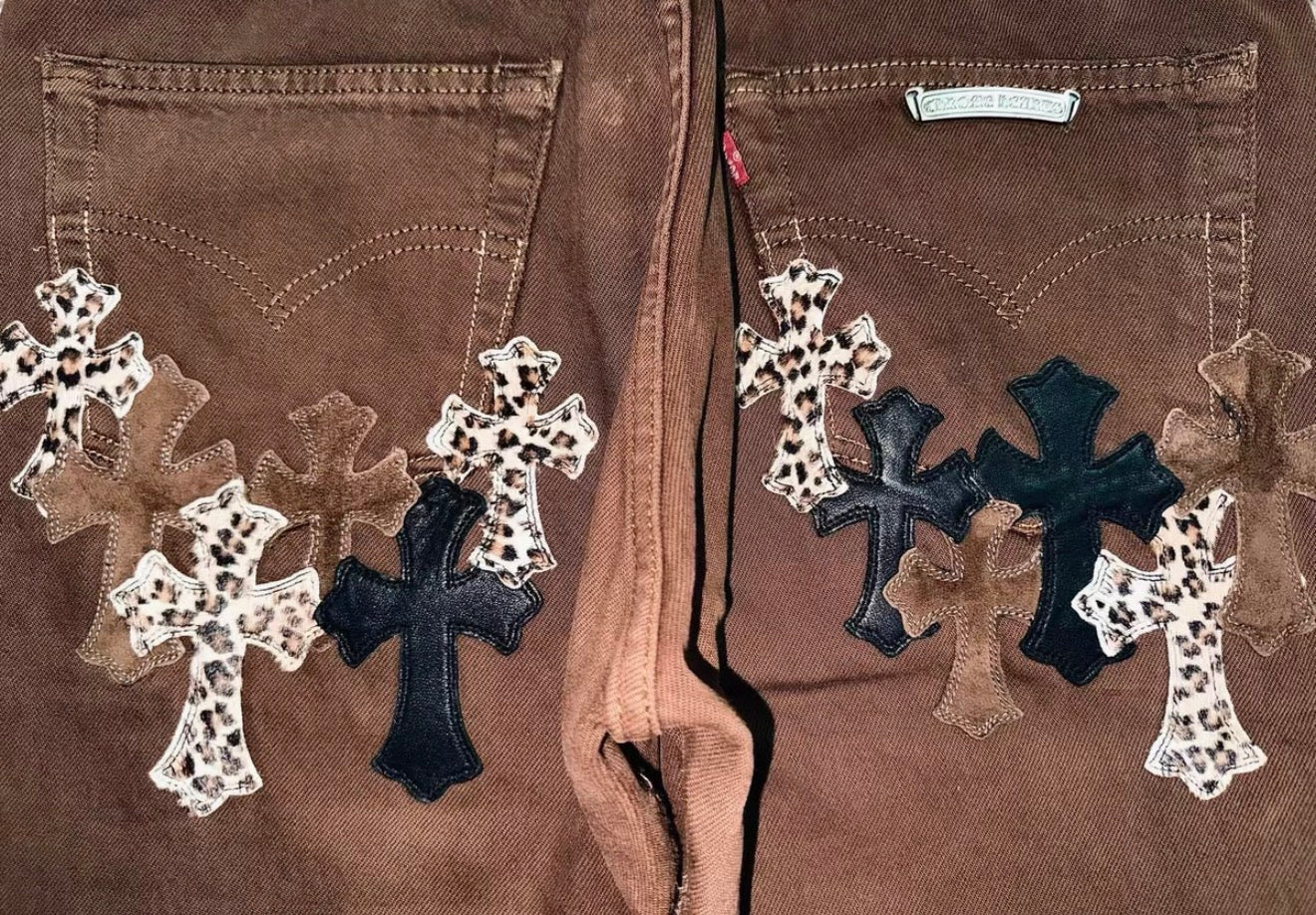 Chrome Hearts 501 Sole Brown Leopard Print Jeans - Image 3