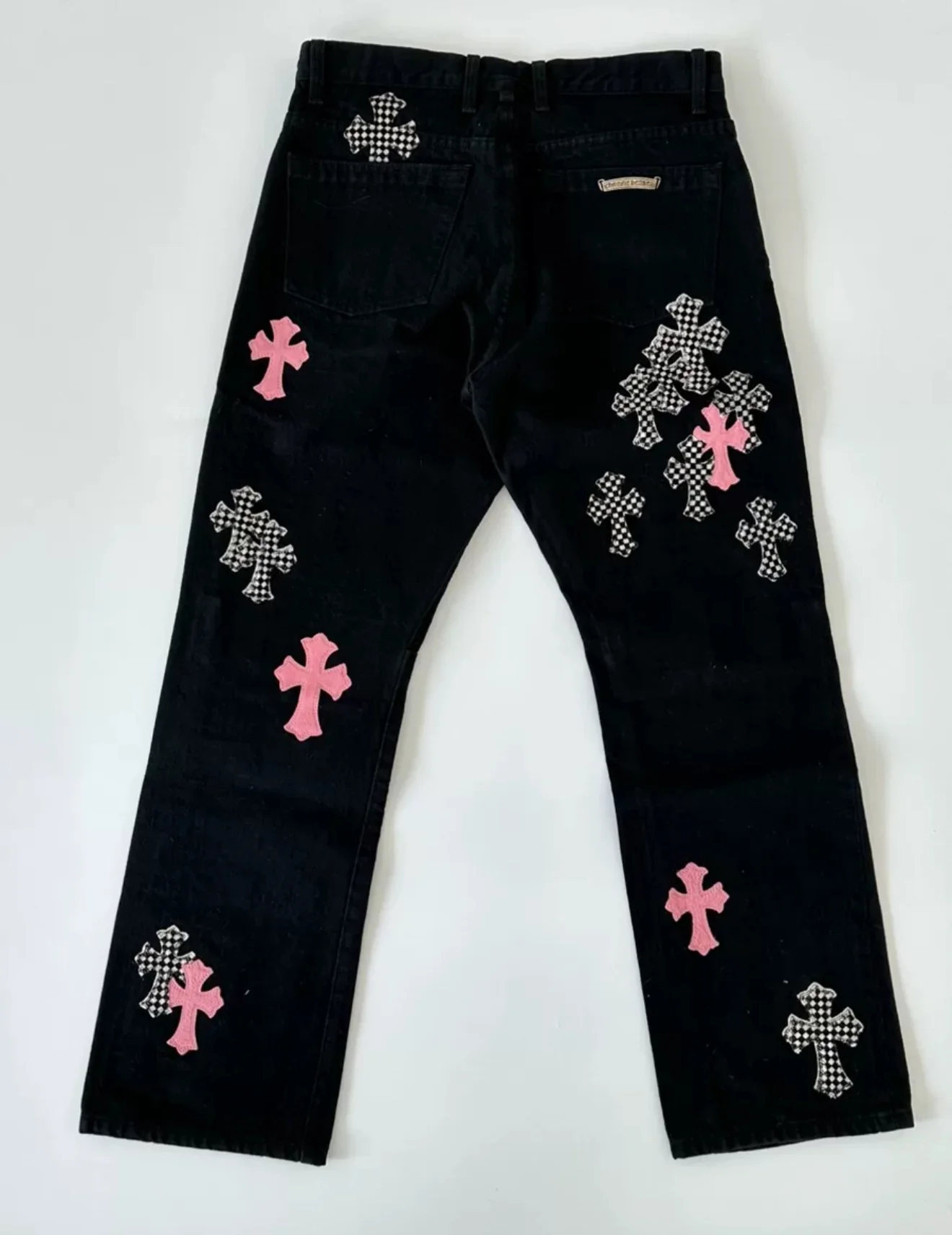 Chrome Hearts Black Pink & Checkered Cross Patch Fleur Jeans - Image 3
