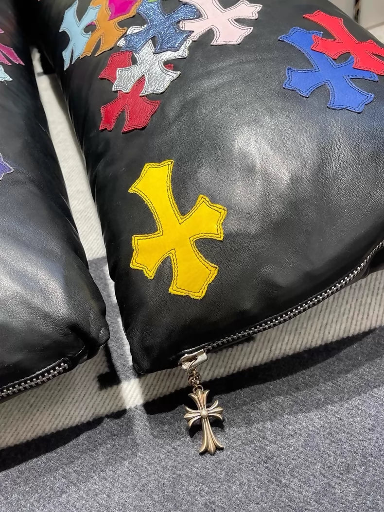 Chrome Hearts black pure leather cross-patterned leather throw pillows - Image 3