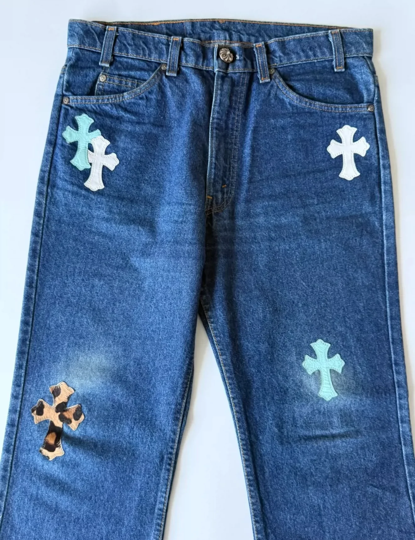 Chrome Hearts blue washed denim with baby blue white leopard print cross patchwork - Image 2