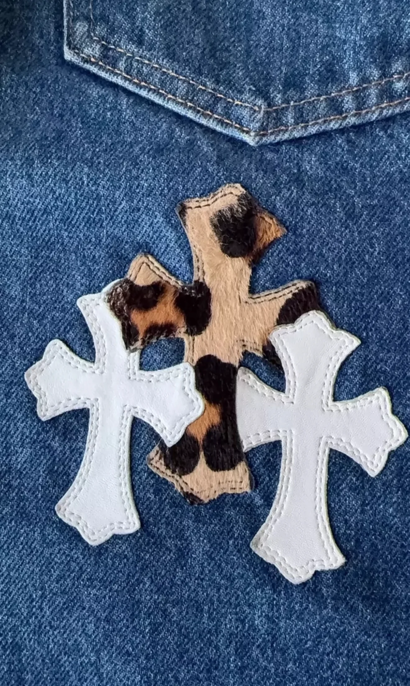 Chrome Hearts blue washed denim with baby blue white leopard print cross patchwork - Image 3