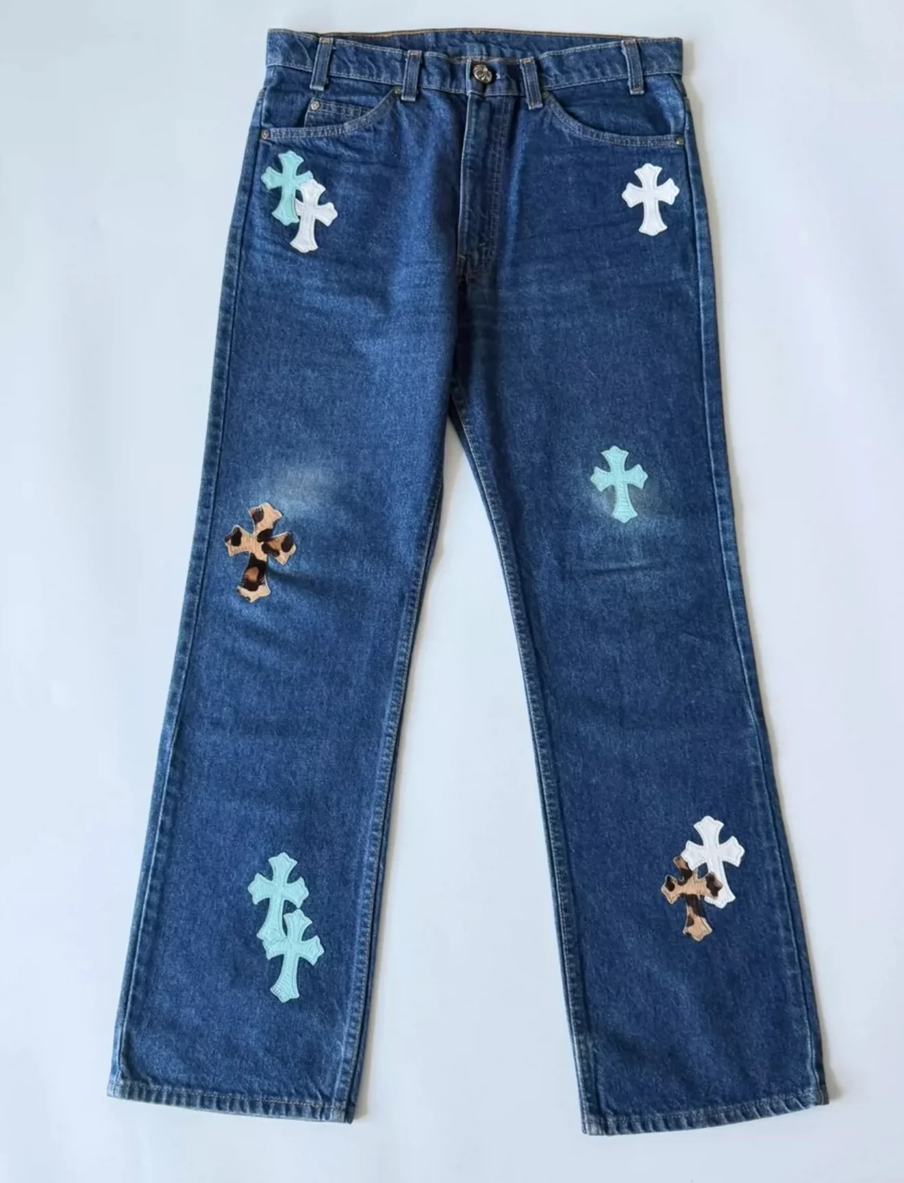 Chrome Hearts blue washed denim with baby blue white leopard print cross patchwork - Image 4