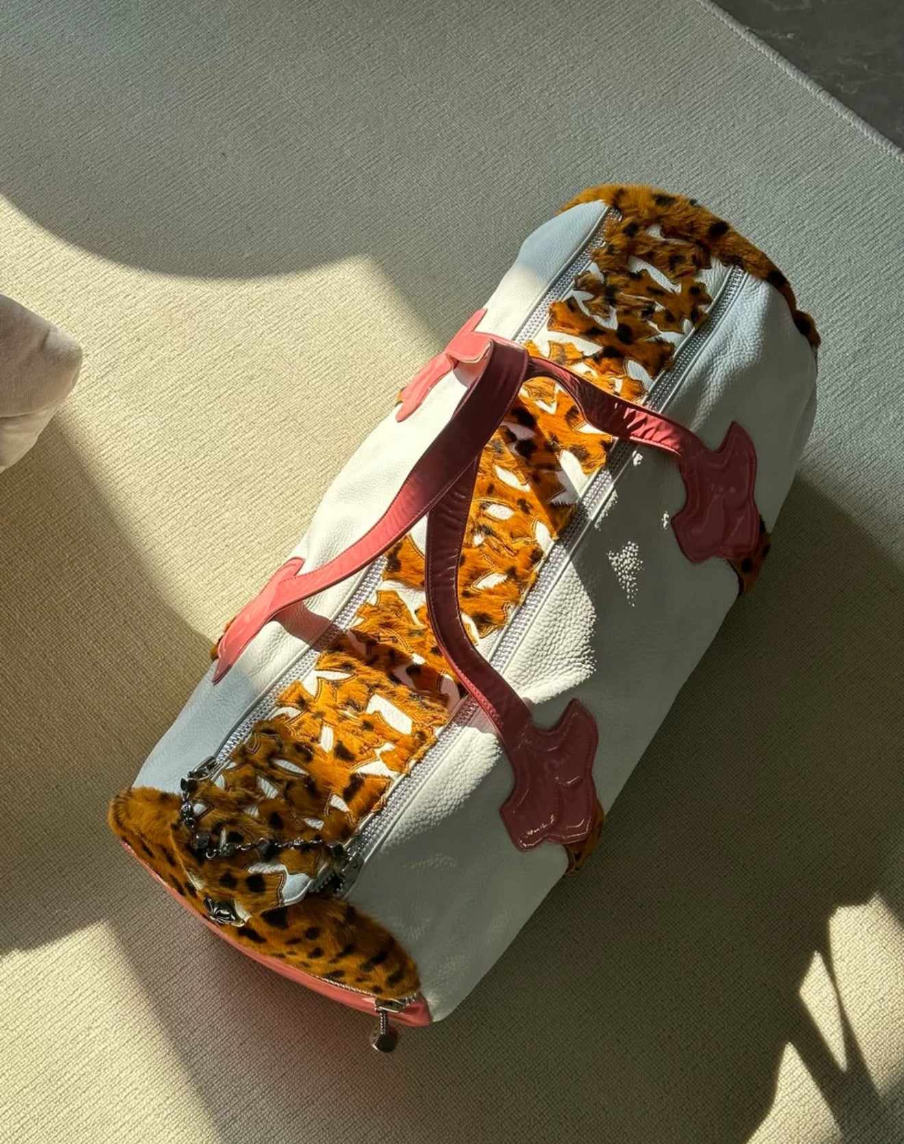 Chrome Hearts duffel bag white leather, pink handles bag with leopard cross patches - Image 5