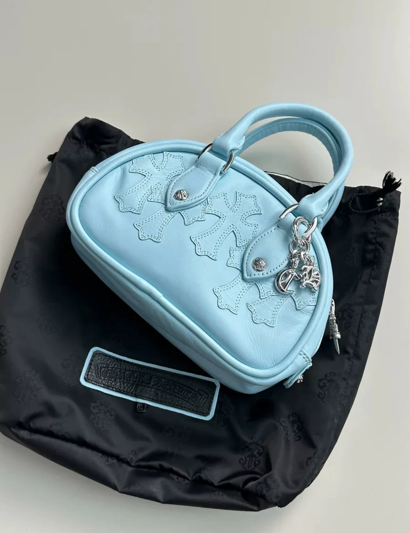 Chrome Hearts Leather Cross Patch Baby Blue Mini Gym Bag