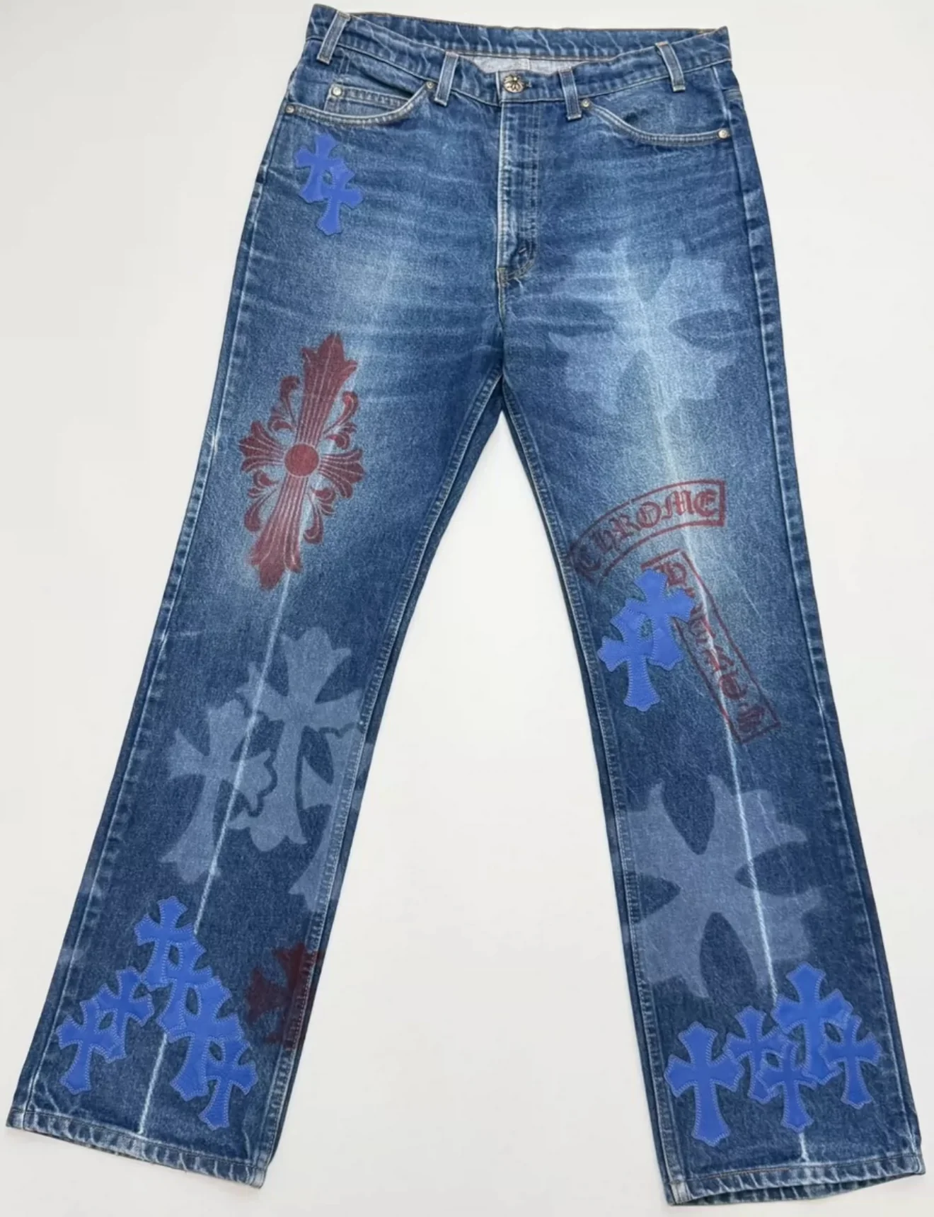 Chrome Hearts Levi's Stencil Blue Cross Patch Denim Jeans - Image 4