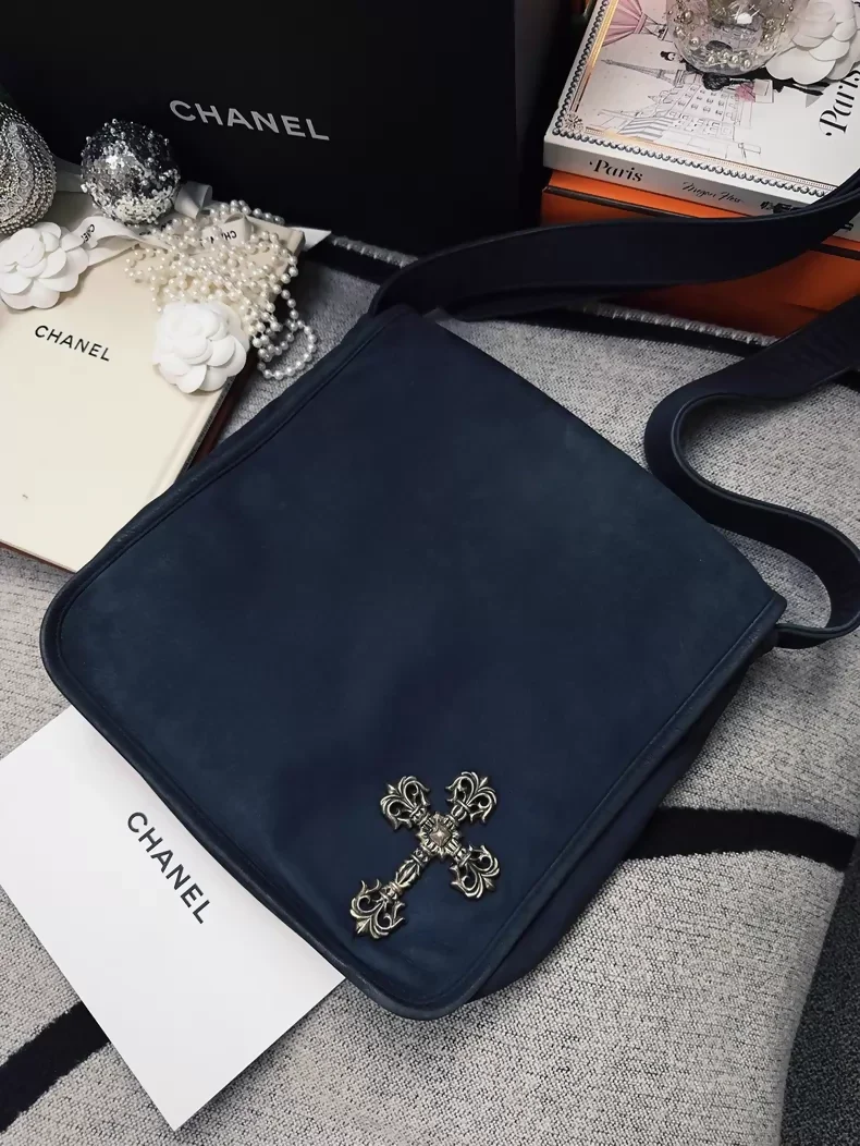 Chrome Hearts navy blue suede flared cross flap messenger bag