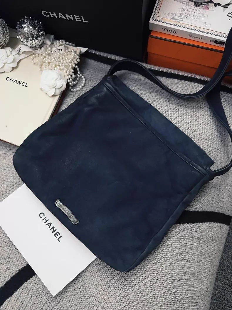 Chrome Hearts navy blue suede flared cross flap messenger bag - Image 2