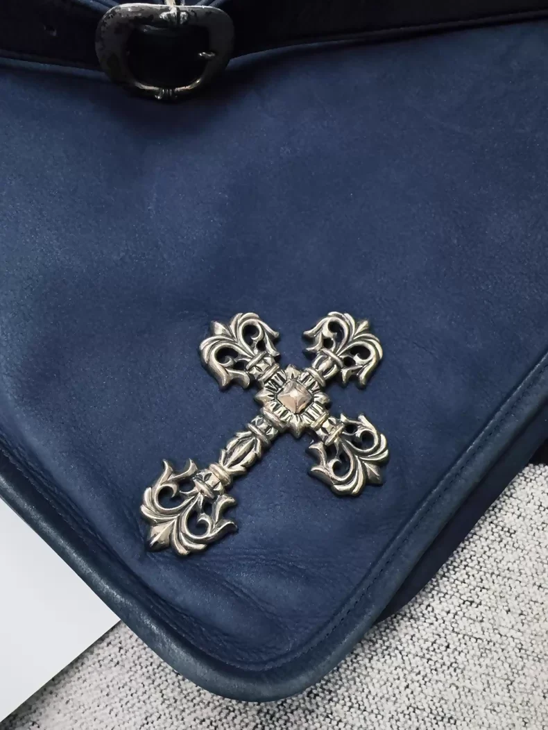 Chrome Hearts navy blue suede flared cross flap messenger bag - Image 3