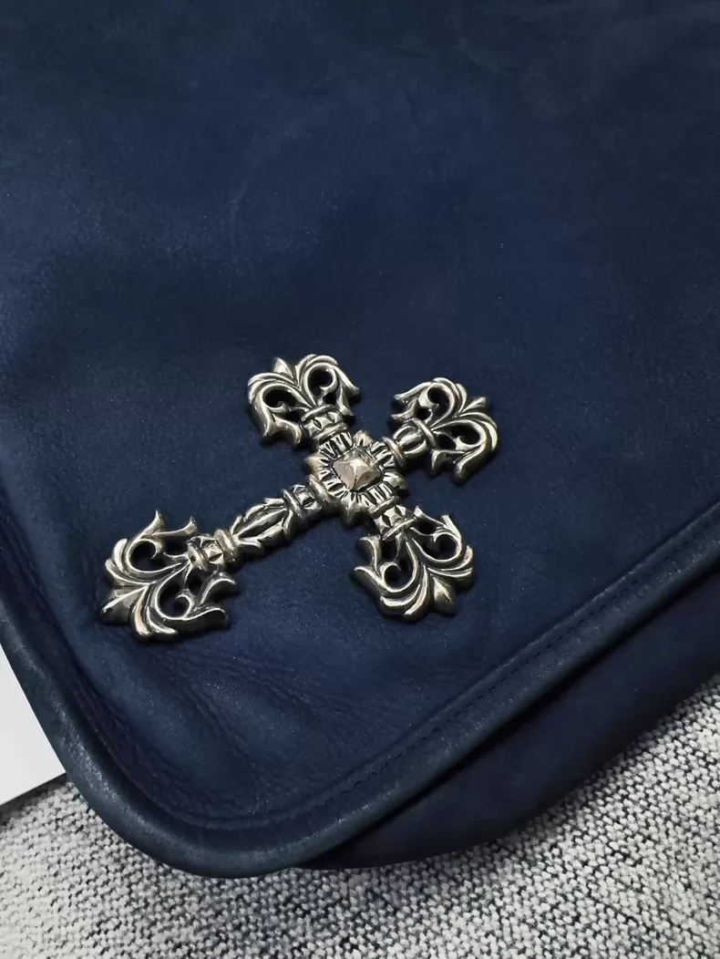 Chrome Hearts navy blue suede flared cross flap messenger bag - Image 6