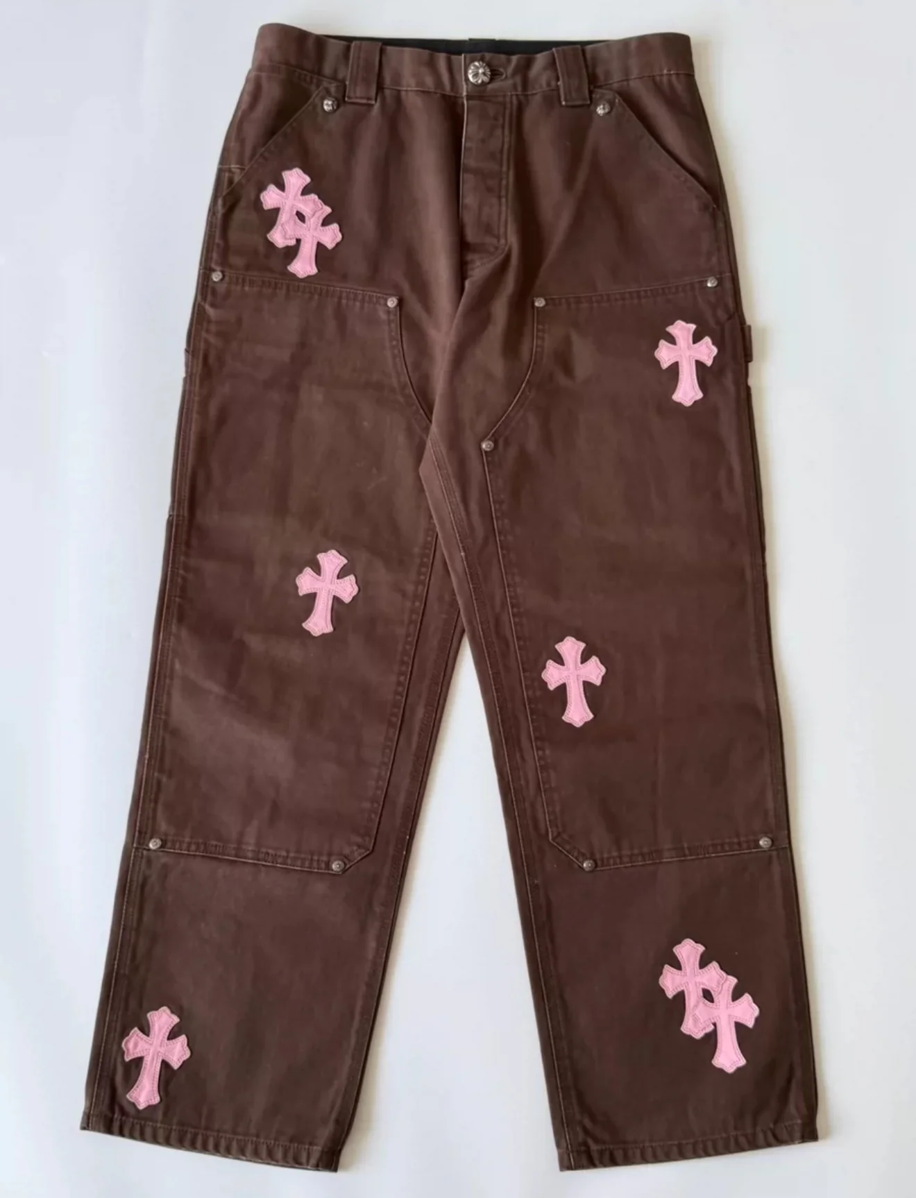 CHROME HEARTS PINK CROSS PATCH BROWN CARPENTER PANTS - Image 3