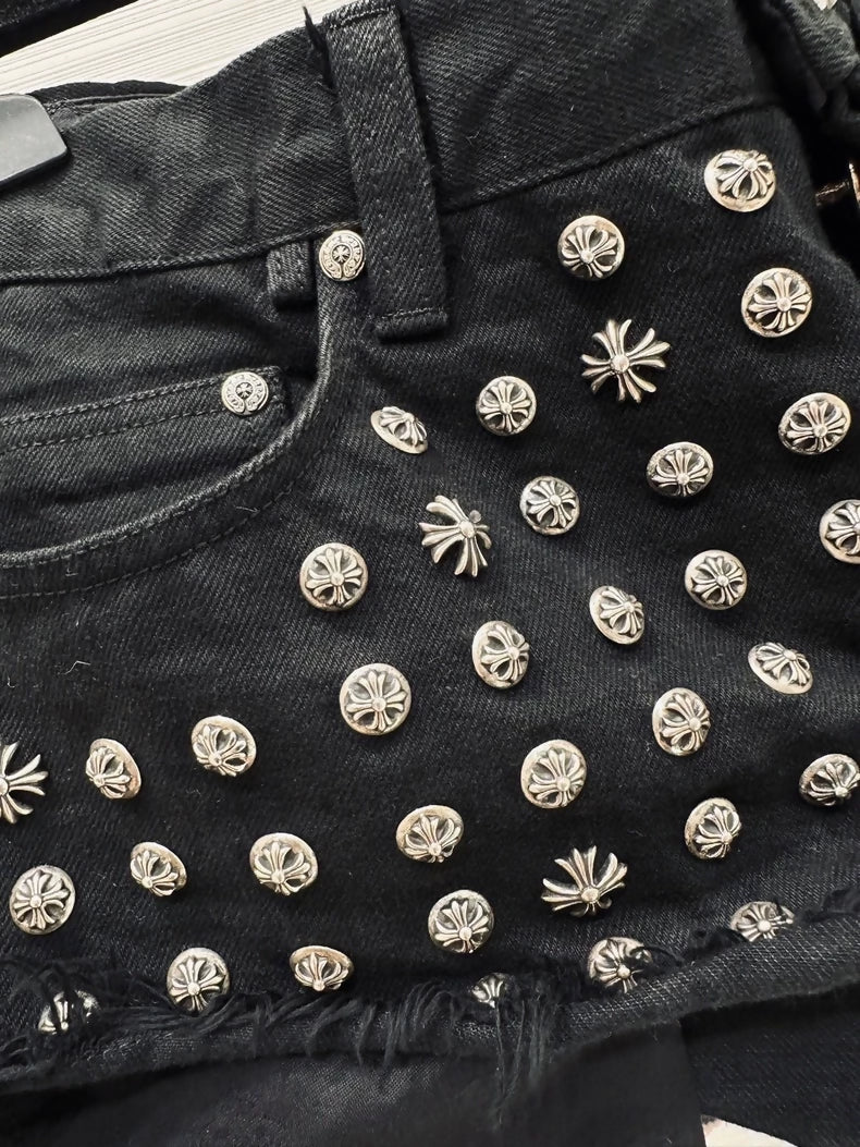 Chrome Hearts studded black denim shorts - Image 3