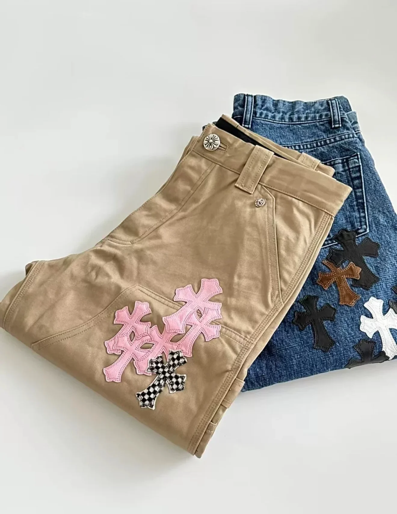 Chrome Hearts Tan Pink & Checkered Cross Patch Carpenter Pants - Image 2