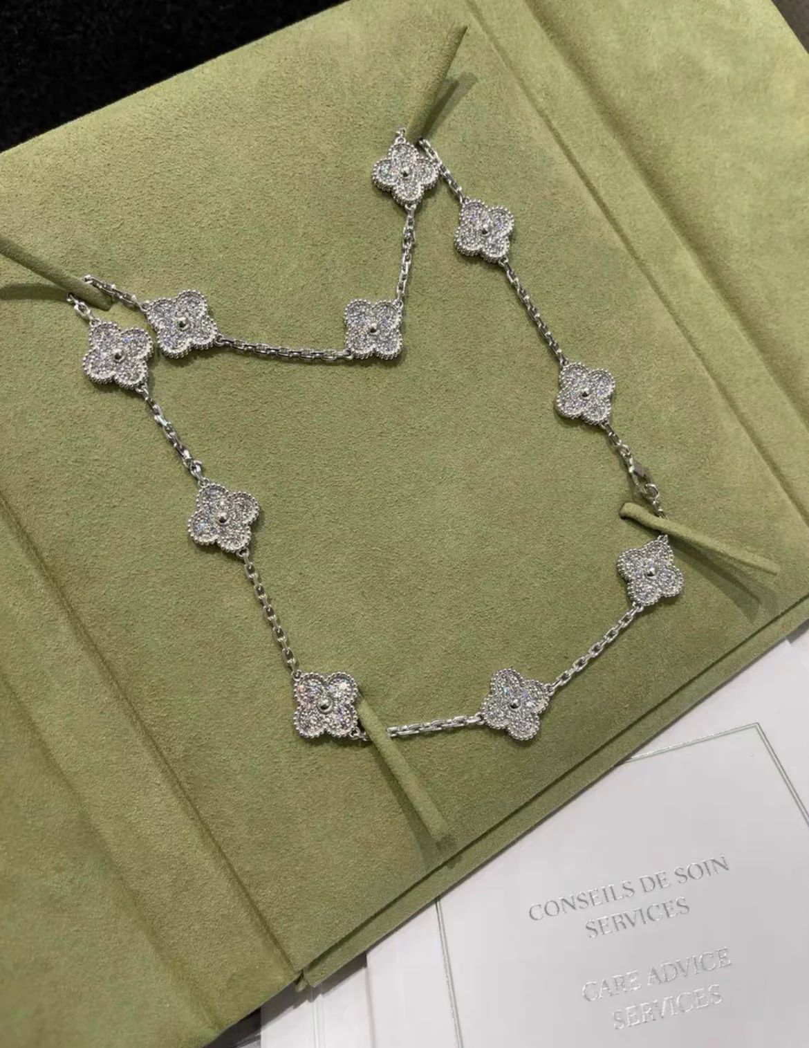 Van Cleef & Arpels 10 Motifs Vintage Diamond Alhambra 18k White Gold Necklace - Image 2