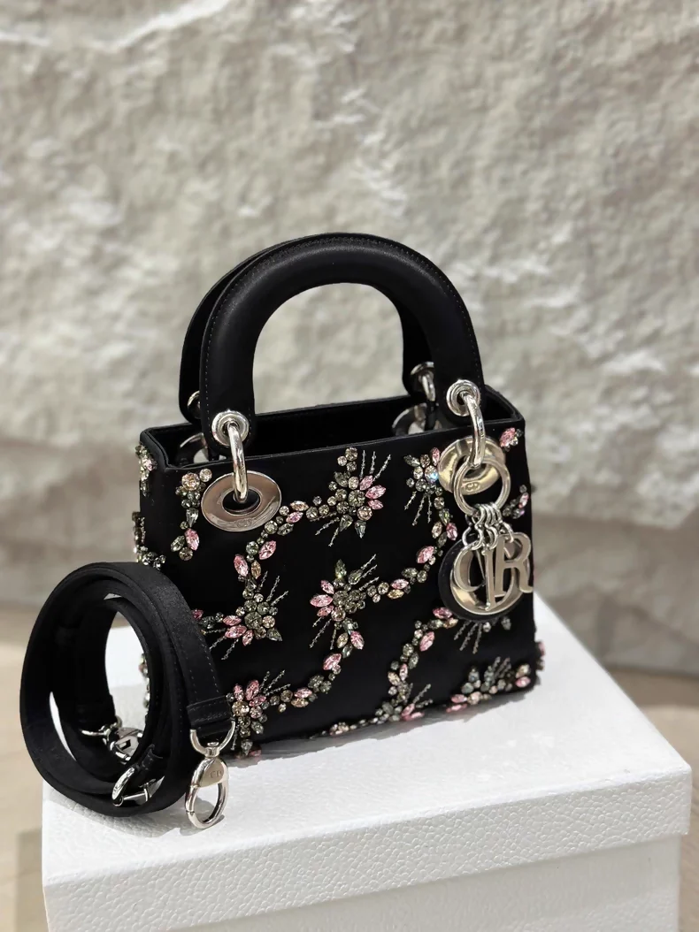 Lady Dior small black silk embroidery bag with silver hardware