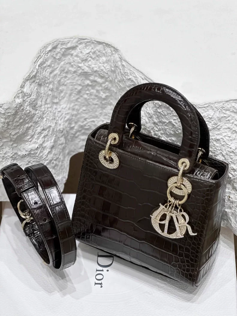 Lady Dior brown shiny crocodile leather with diamond hardware