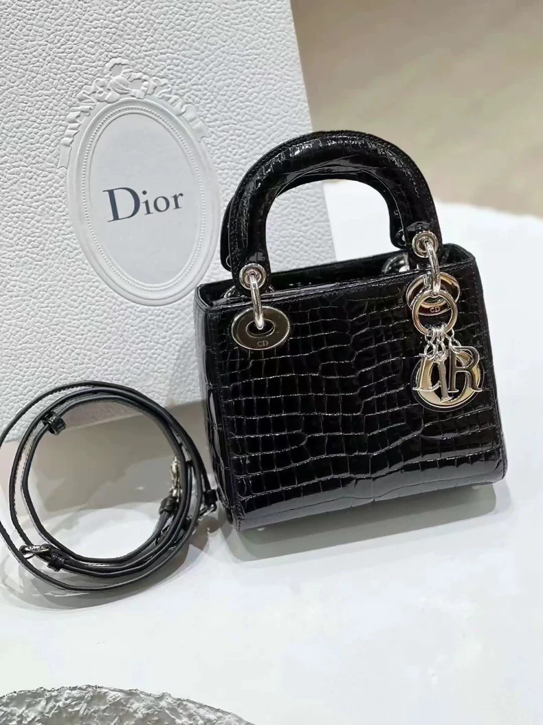 Dior small Lady Dior black patent crocodile leather silver hardware
