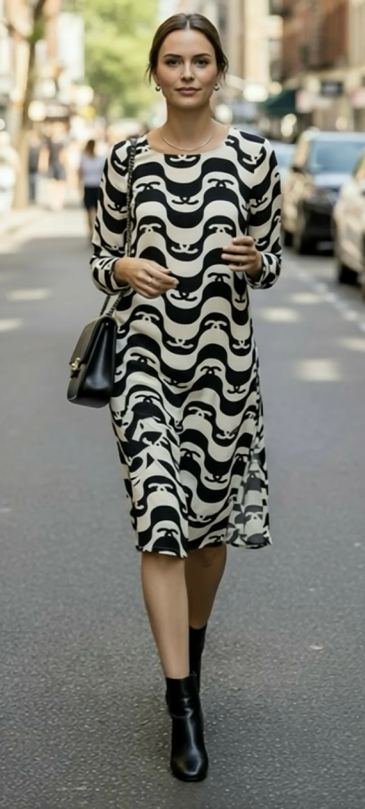 Epic Chanel 21P Ivory & Black CC Wave Silk Midi Dress FR 42 - Image 4