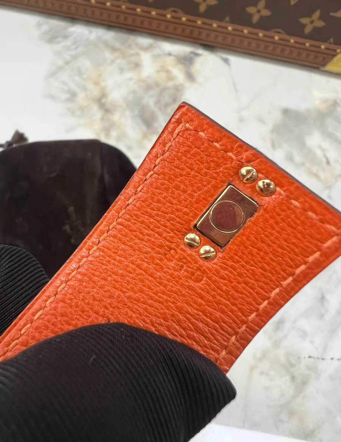 Hermès 18K Rose Gold Diamond & Orange Crocodile Kelly Bracelet - Image 6