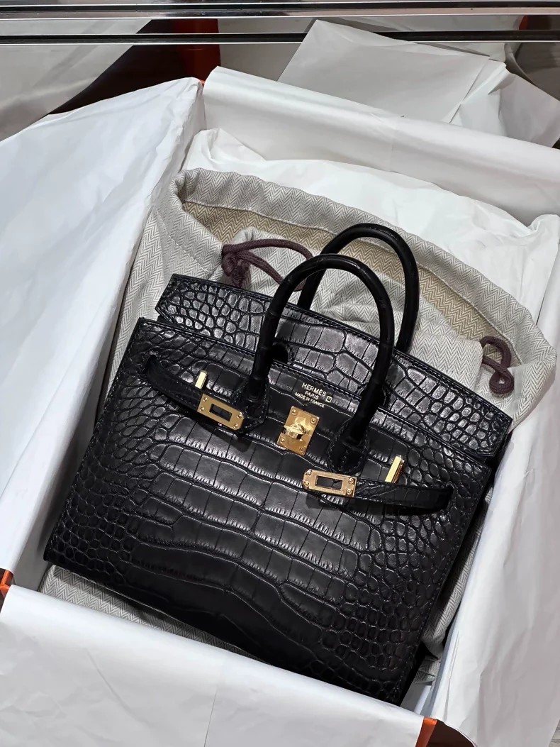 Hermes Birkin 20 black matte crocodile leather gold hardware