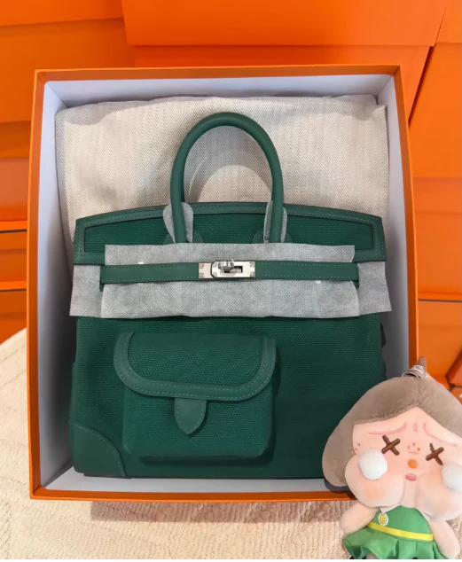 Hermes Birkin 25 Cargo Vert Vertigo Toile/Swift Leather Palladium Hardware