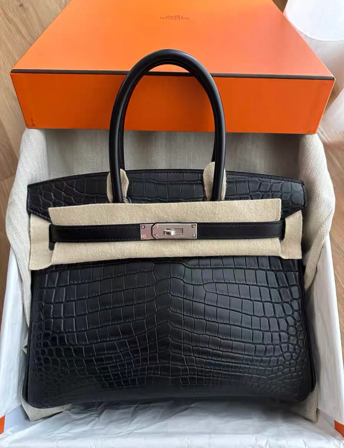 Rare Hermes Birkin 30 Black Matte Crocodile Alligator Togo & Box Leather Palladium Handbag