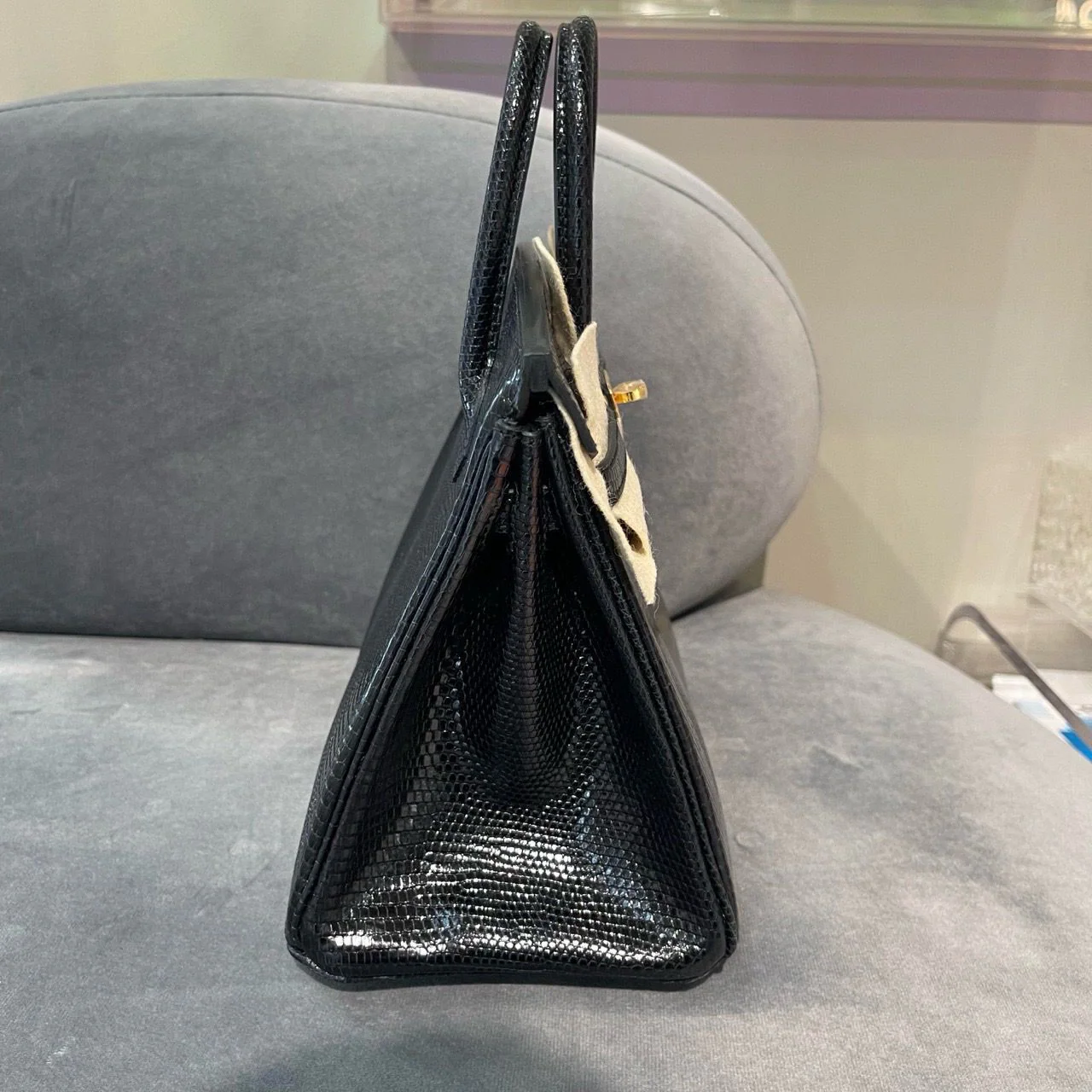 Hermes Birkin 25 Black Shiny Lizard Gold Hardware - Image 3