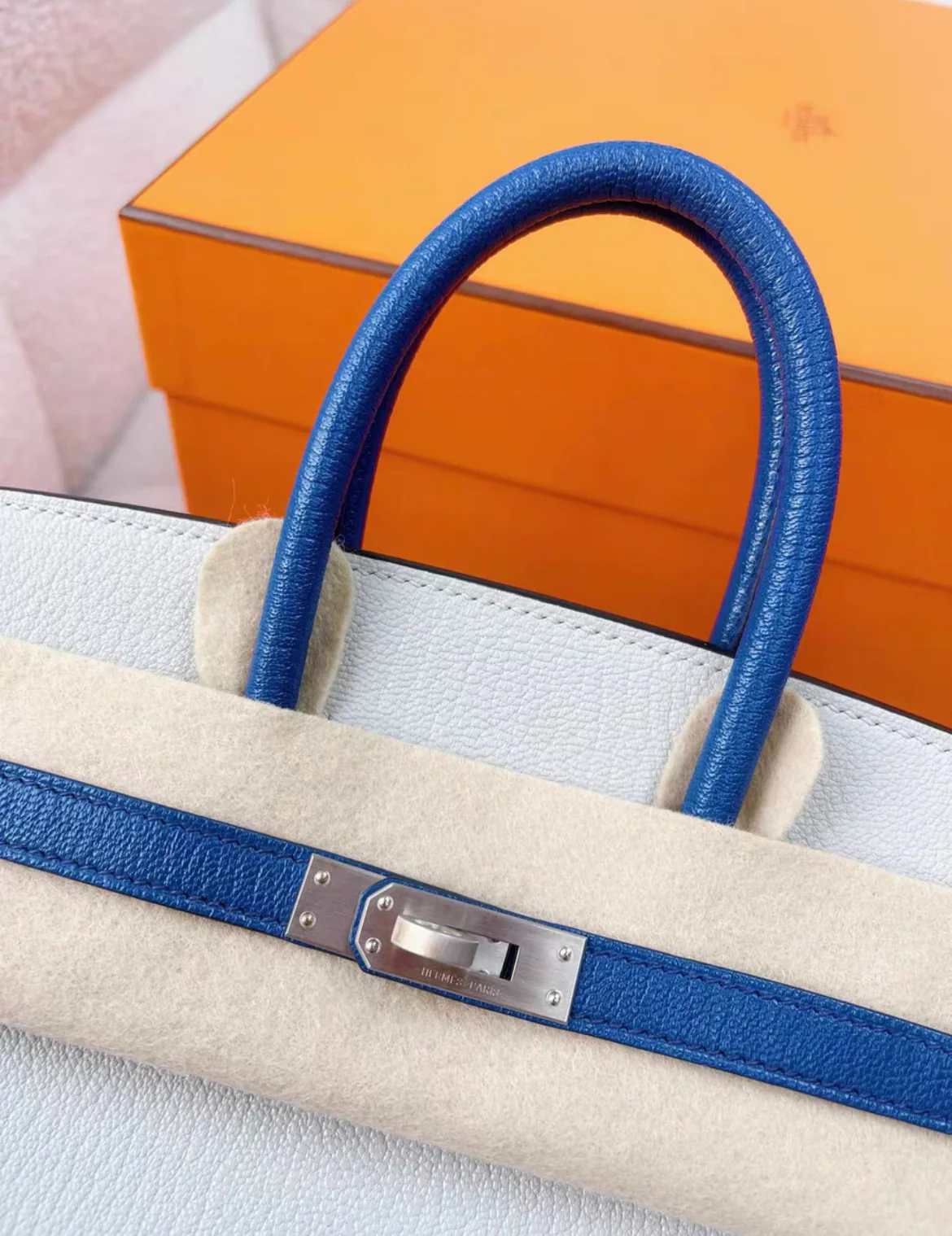 HERMES Birkin 25 Chevre Mysore Bi-Color Horseshoe Gris Perle Bleu Brighton Palladium Hardware - Image 2