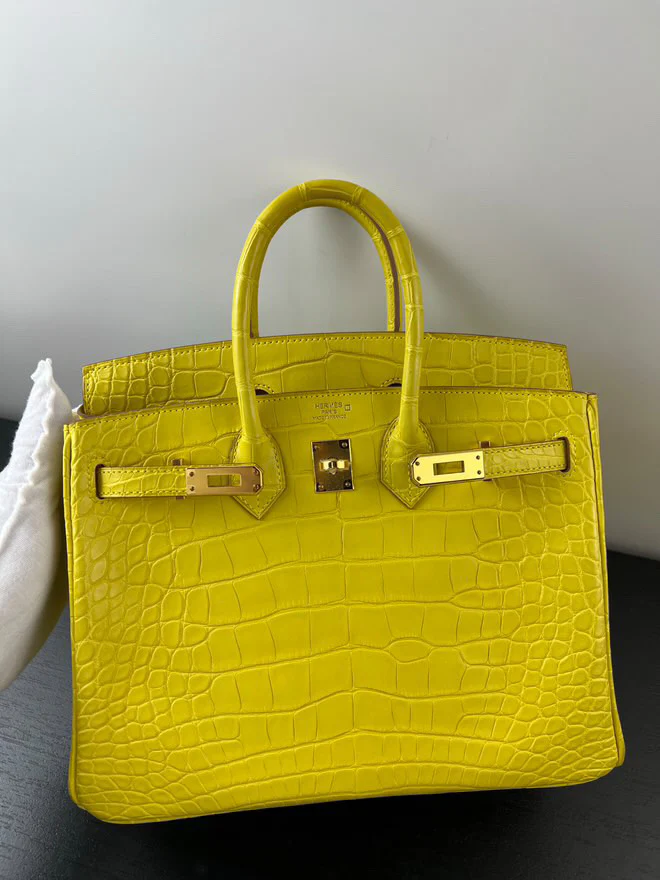 Hermes Birkin 25 Lime Yellow Matte Crocodile Gold Hardware Handbag - Image 4