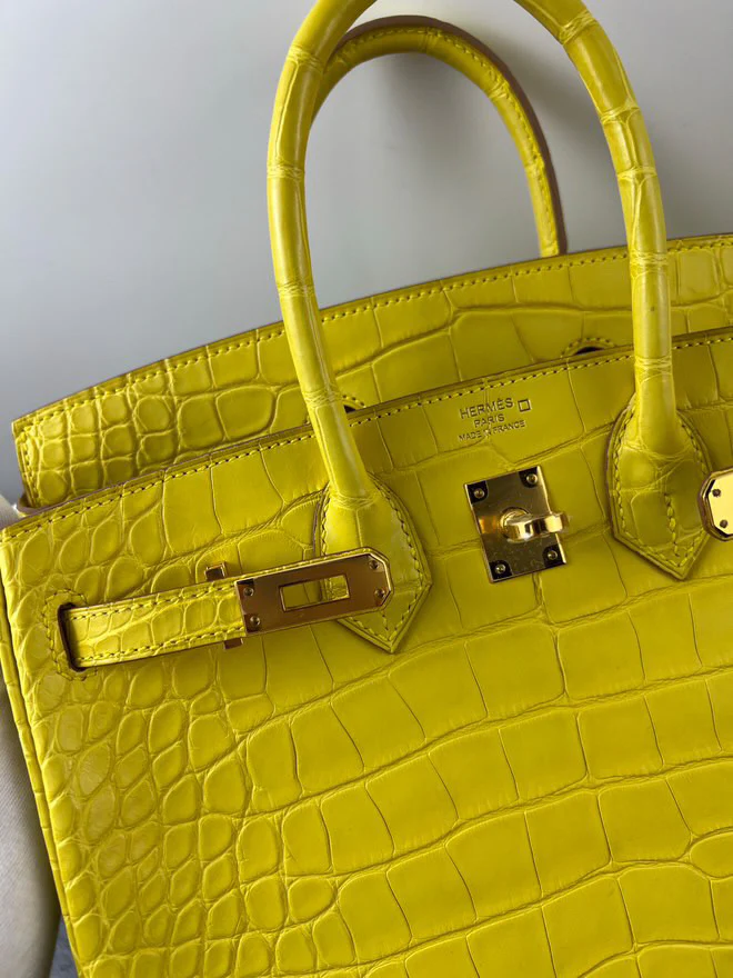 Hermes Birkin 25 Lime Yellow Matte Crocodile Gold Hardware Handbag - Image 7