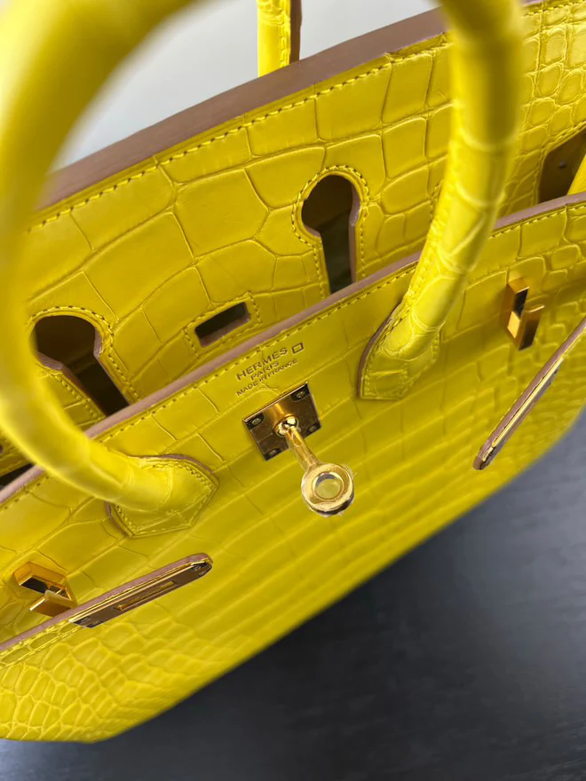 Hermes Birkin 25 Lime Yellow Matte Crocodile Gold Hardware Handbag - Image 9