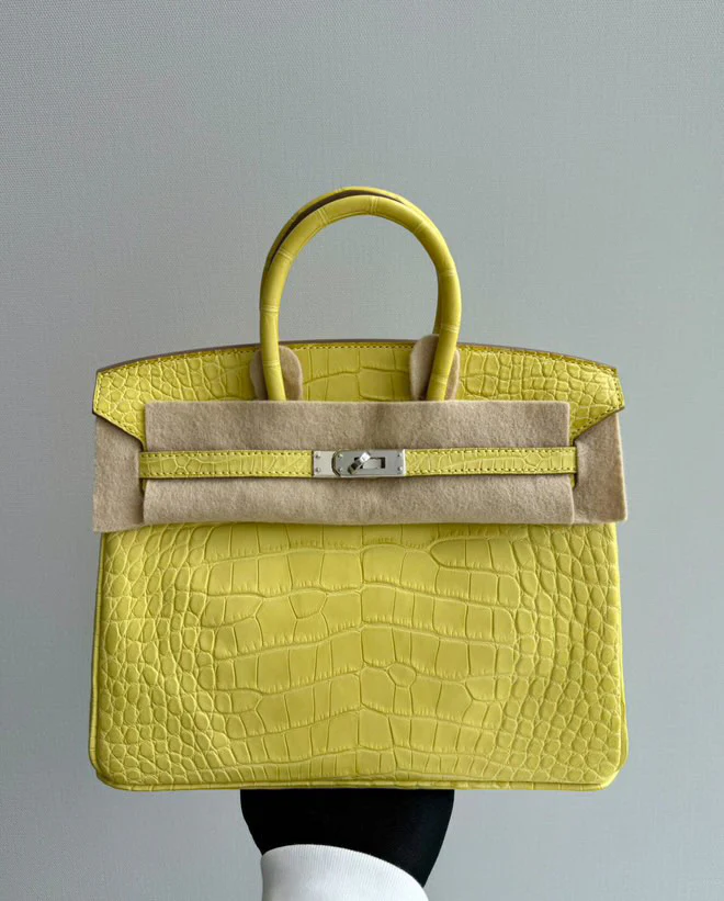 Hermes Birkin 25 Lime Yellow Matte Crocodile Palladium Hardware Handbag - Image 3