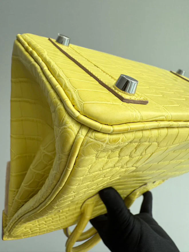 Hermes Birkin 25 Lime Yellow Matte Crocodile Palladium Hardware Handbag - Image 7