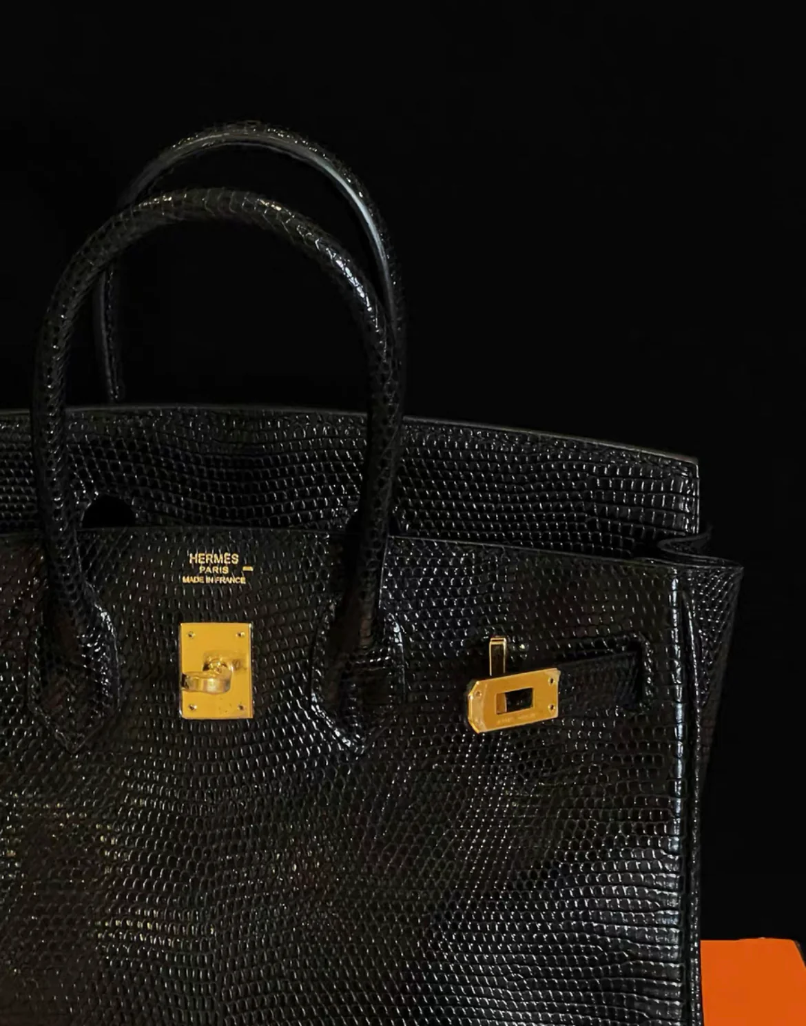 HERMÈS BIRKIN 25 SELLIER BLACK SHINY LIZARD GOLD HARDWARE - Image 2