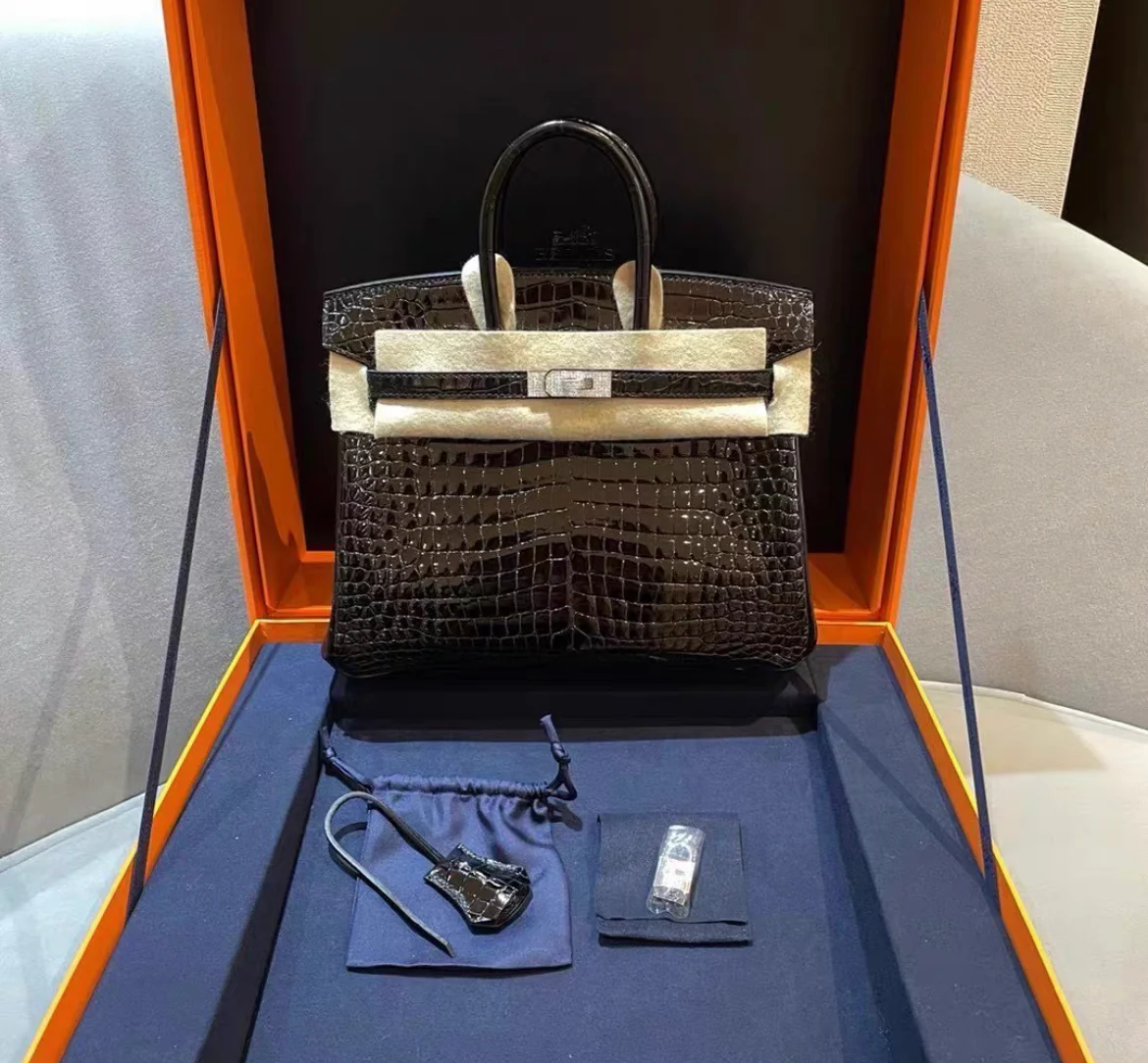 Hermès BIRKIN 25 SHINY BLACK POROSUS CROCODILE DIAMOND WITH 18K WHITE GOLD & DIAMOND HARDWARE, Brand new full set!!!