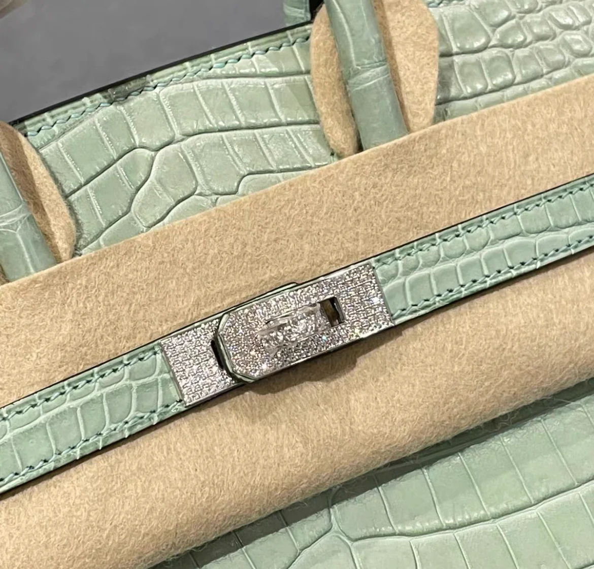 Hermès Birkin 25 Shiny Gris Neve Crocodile with 18K White Gold & Diamond Hardware - Image 3