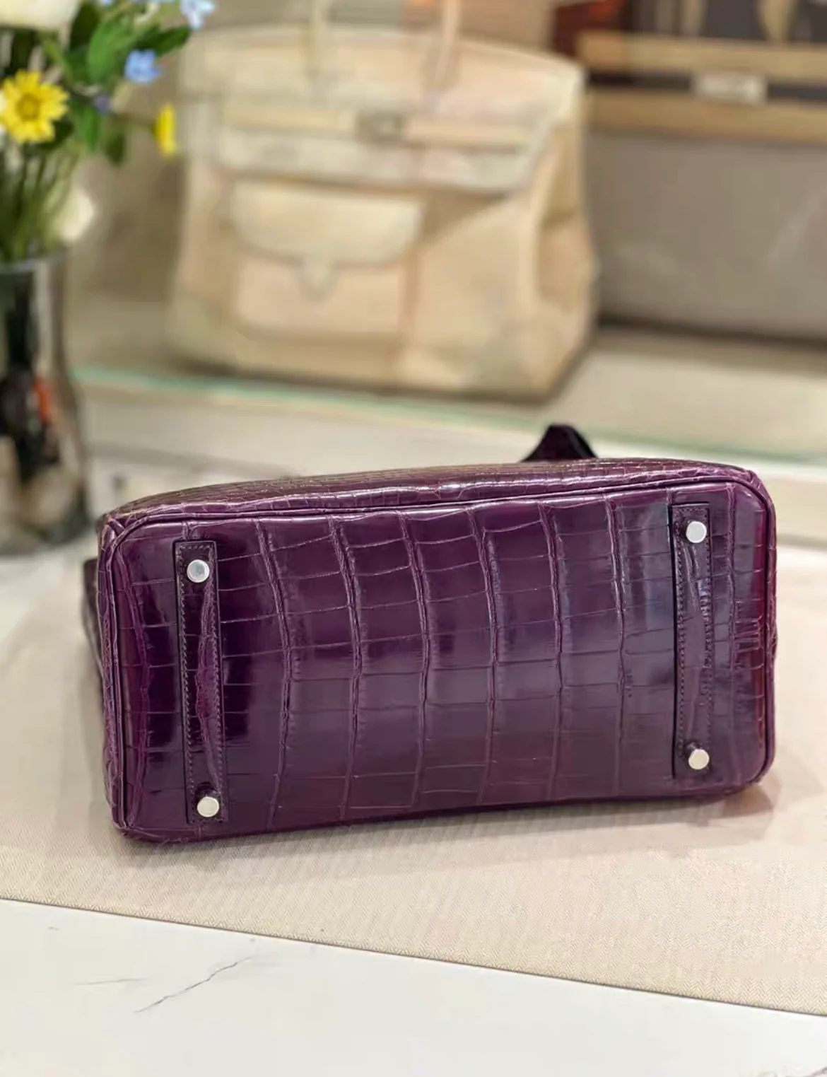 Hermes Birkin 30 Amethyst Shiny Crocodile Alligator Palladium Hardware Handbag - Image 2