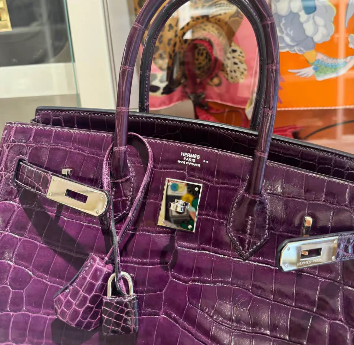 Hermes Birkin 30 Amethyst Shiny Crocodile Alligator Palladium Hardware Handbag - Image 3