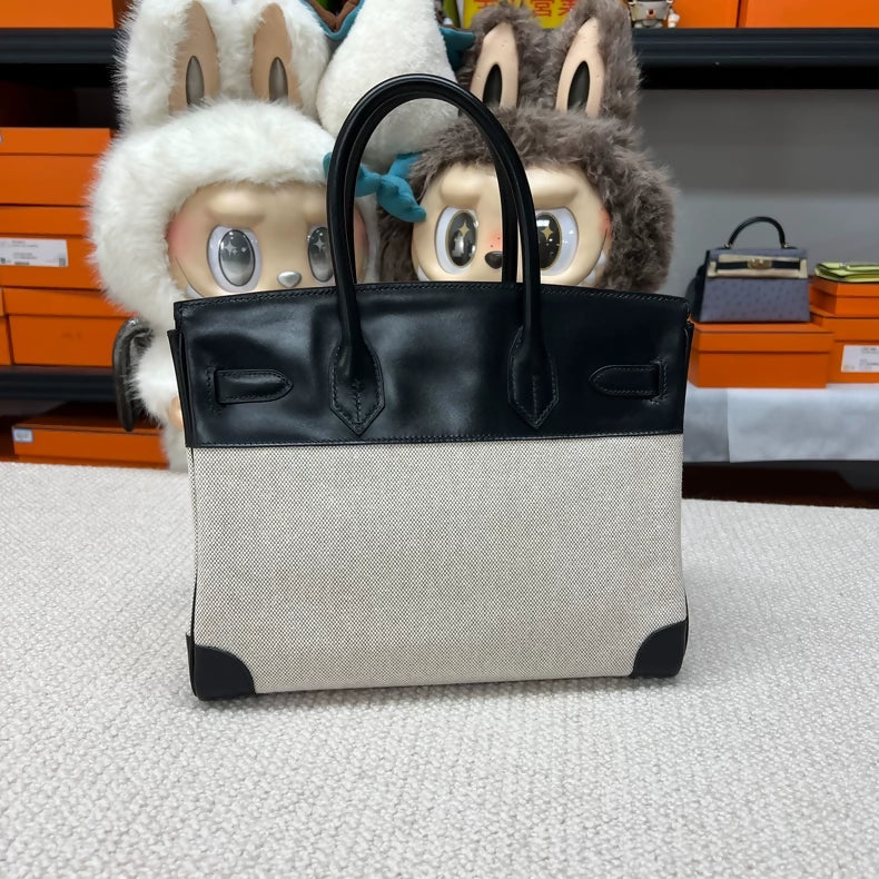 Hermes Birkin 30 Canvas & Black Box Leather with gold hardware - Image 2